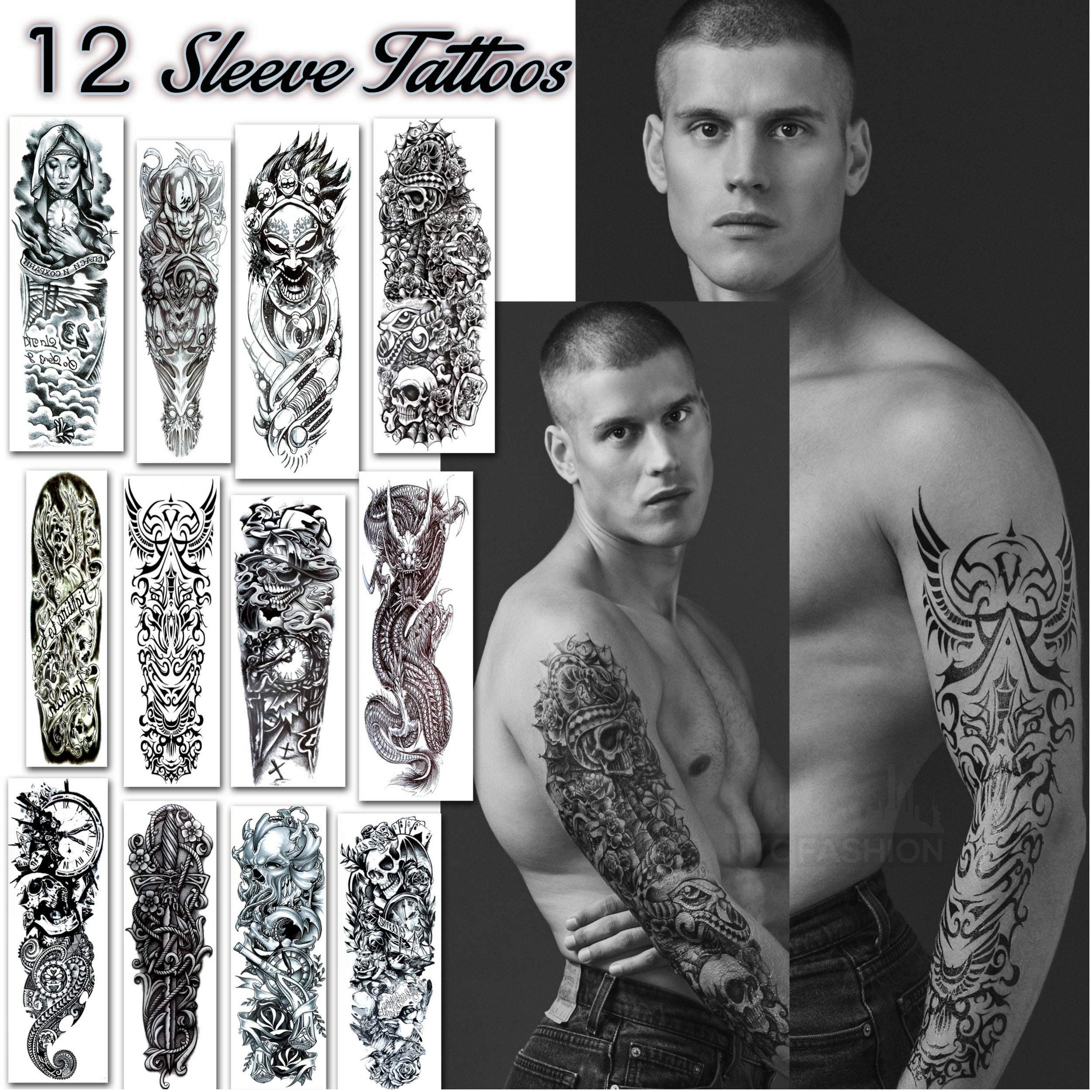 Temporary Tattoos Full Arm and Leg Long Sleeve Tattoo Body Art - For Adults and Teens (Dark)