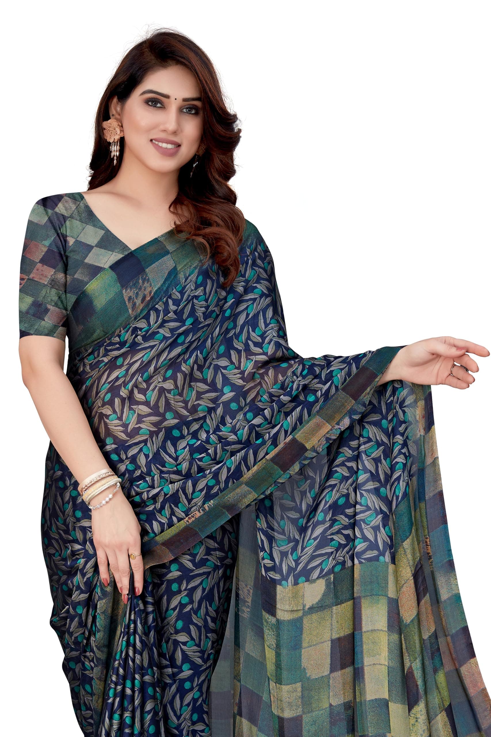 MIRCHI FASHION Women Designer Organza Leaf Printed Checked Woven Saree with Blouse Piece