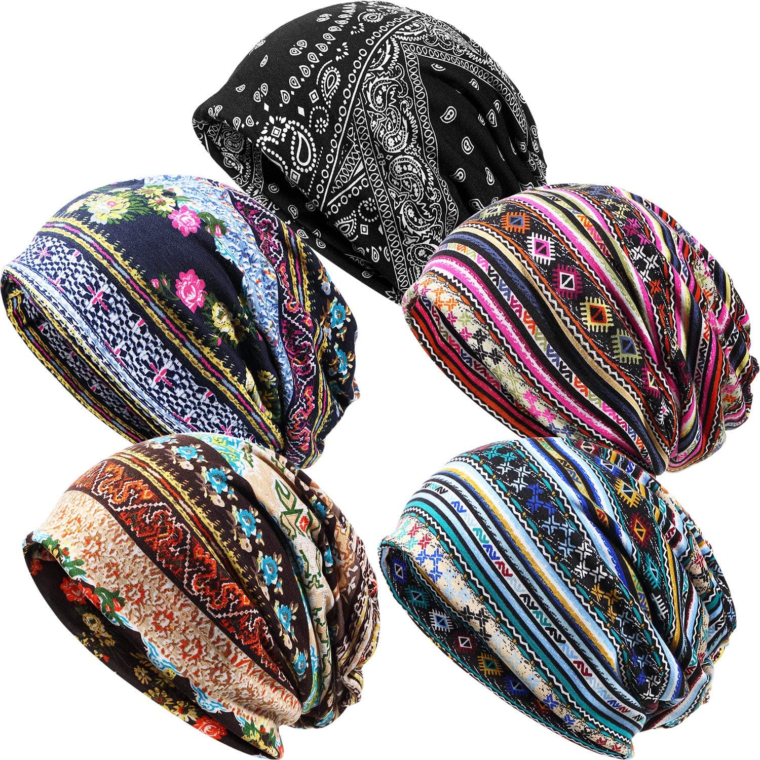 SATINIOR 5 Pieces Women's Slouchy Beanie Chemo Hat Stretch Cancer Head Wraps Sleep Head Scarf for Cancer Patient