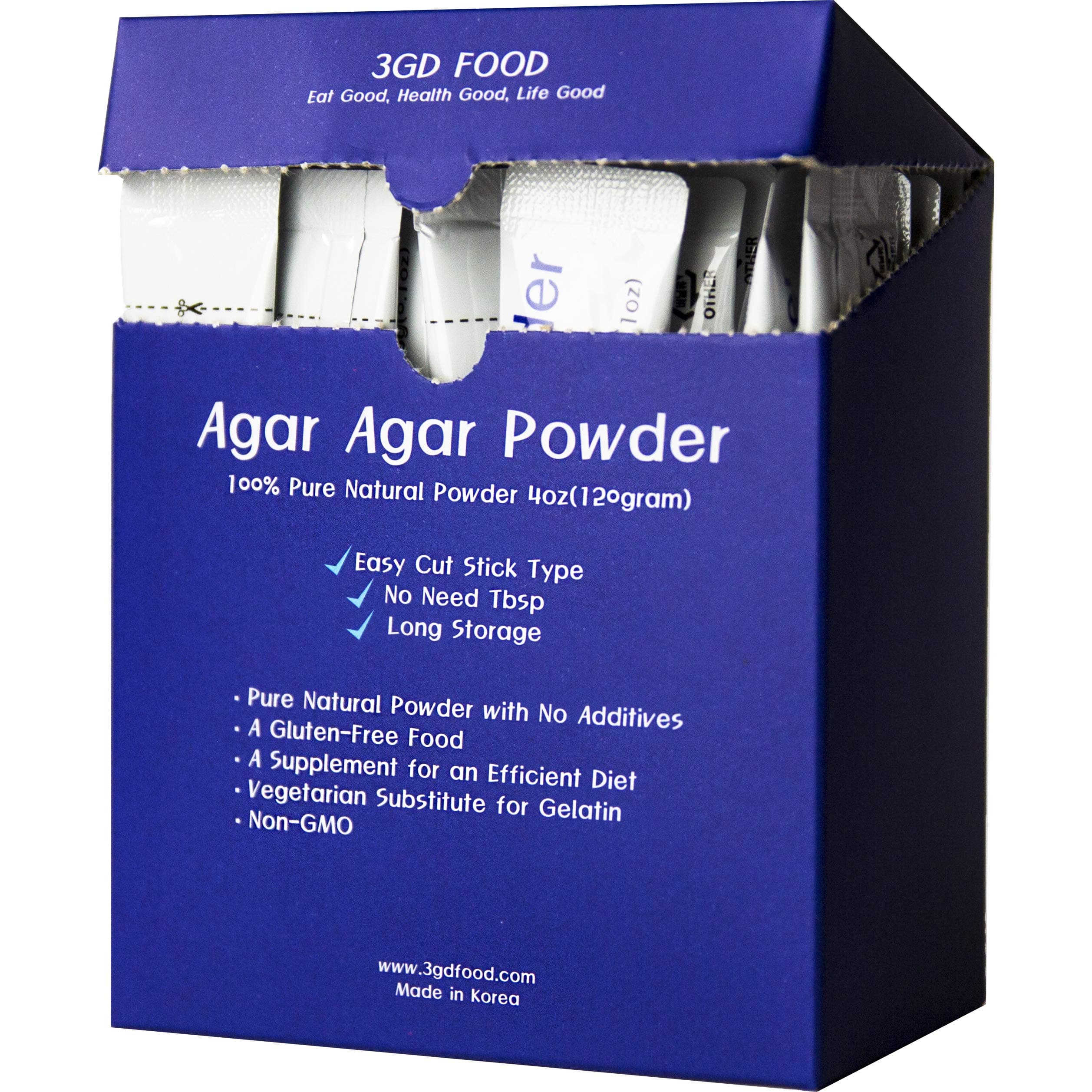 3GD FOOD Agar Agar Powder, Vegetable Gelatin, Dietary Fiber, Gluten-Free, Non-GMO [100% Natural Pure with No Additives, 4oz] (Stick Type 4oz)