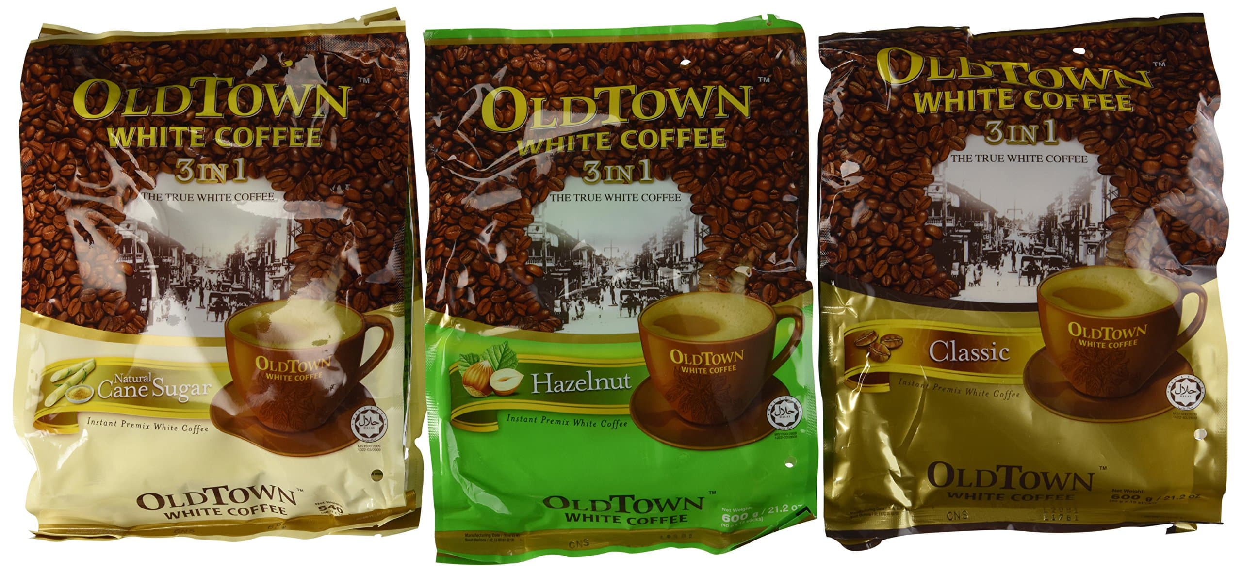 OLD TOWN White Coffee 3 in 1 Variety Pack (Classic, Natural Cane Sugar, Hazelnut), brown