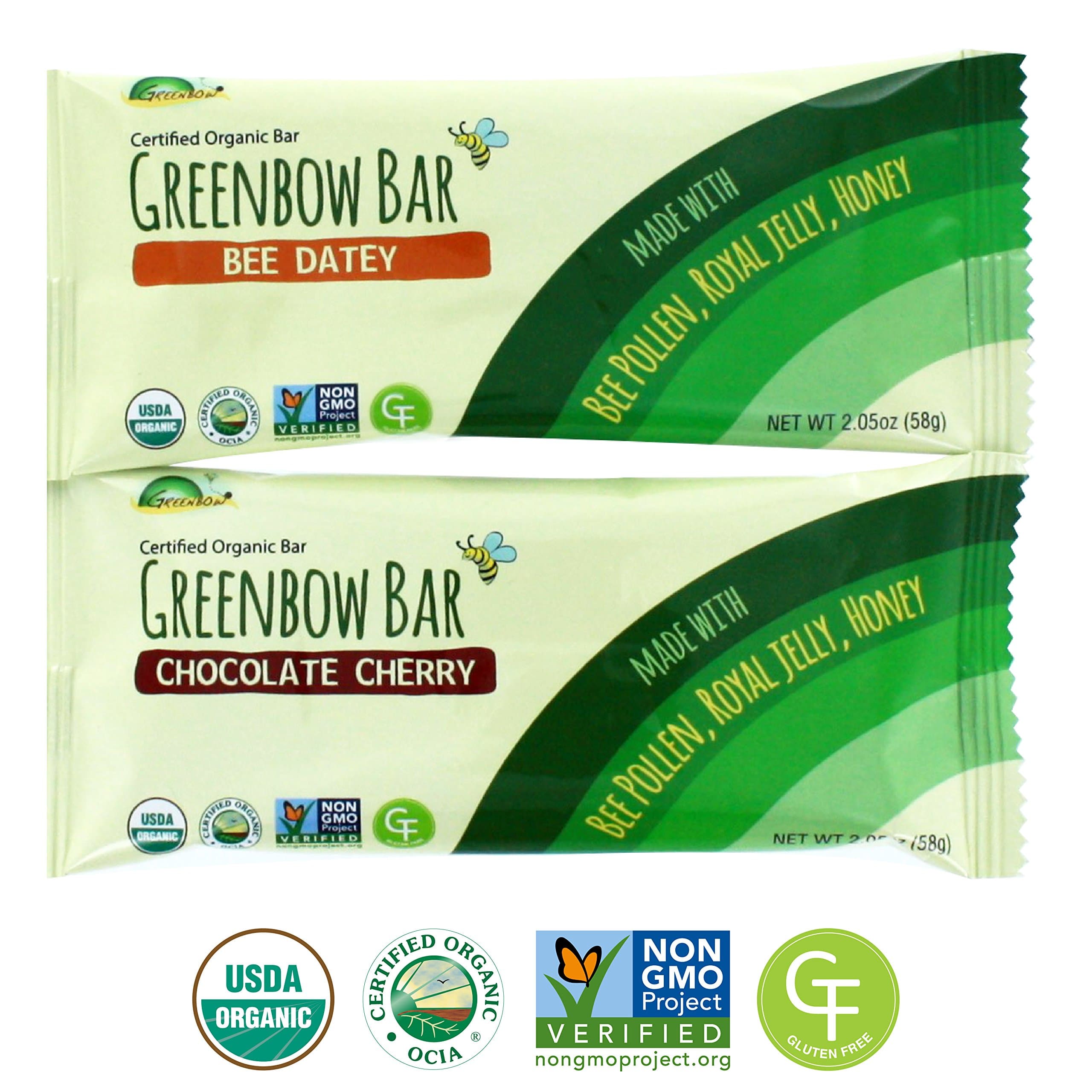 GREENBOW Certified Organic and Non-GMO Energy Bar, Made with Bee Pollen, Royal Jelly, and Honey (Mix & Match (Bee Datey & Chocolate Cherry), 12)