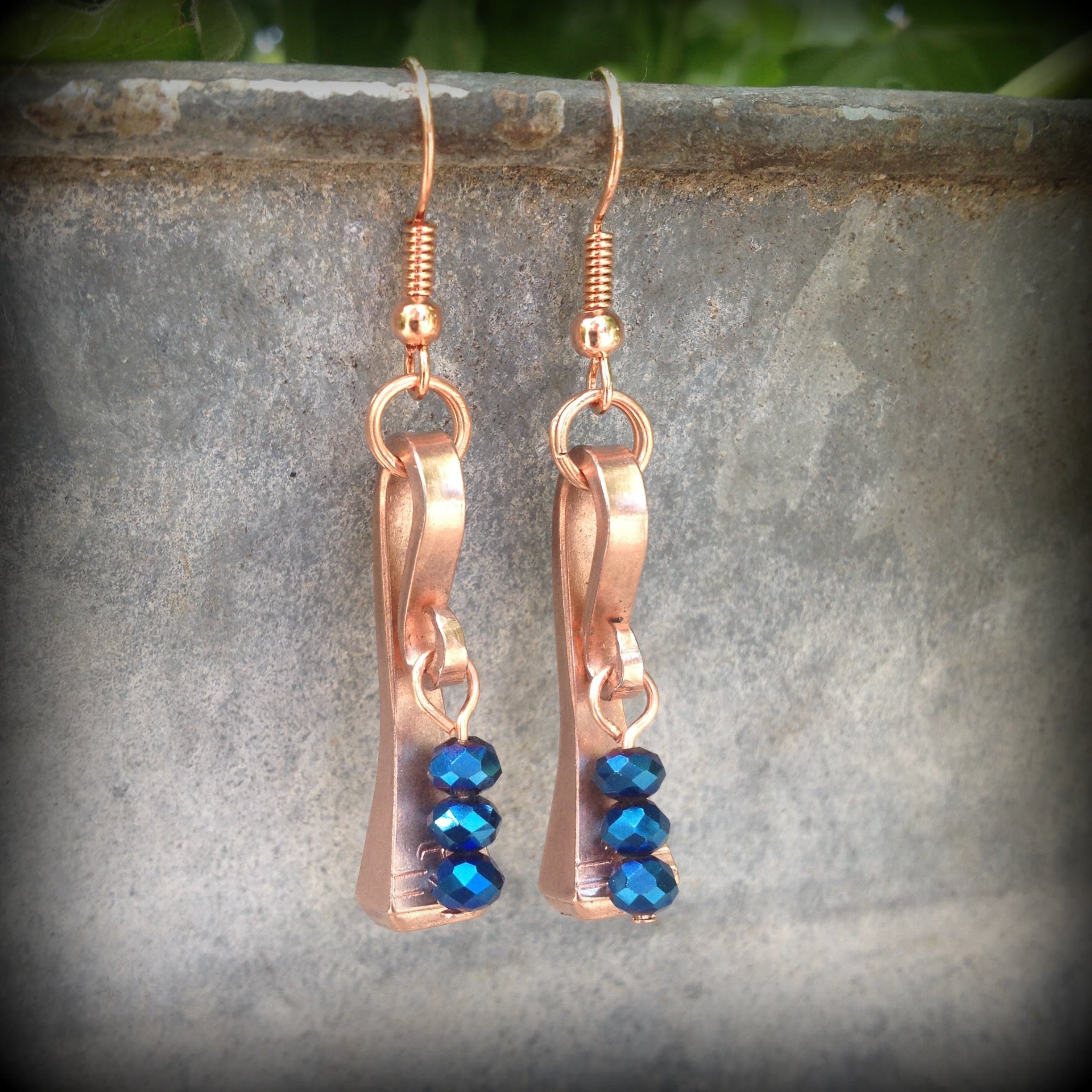 Equestrian Earrings Copper Horseshoe Nails with Royal Blue Shimmery Accent Beads