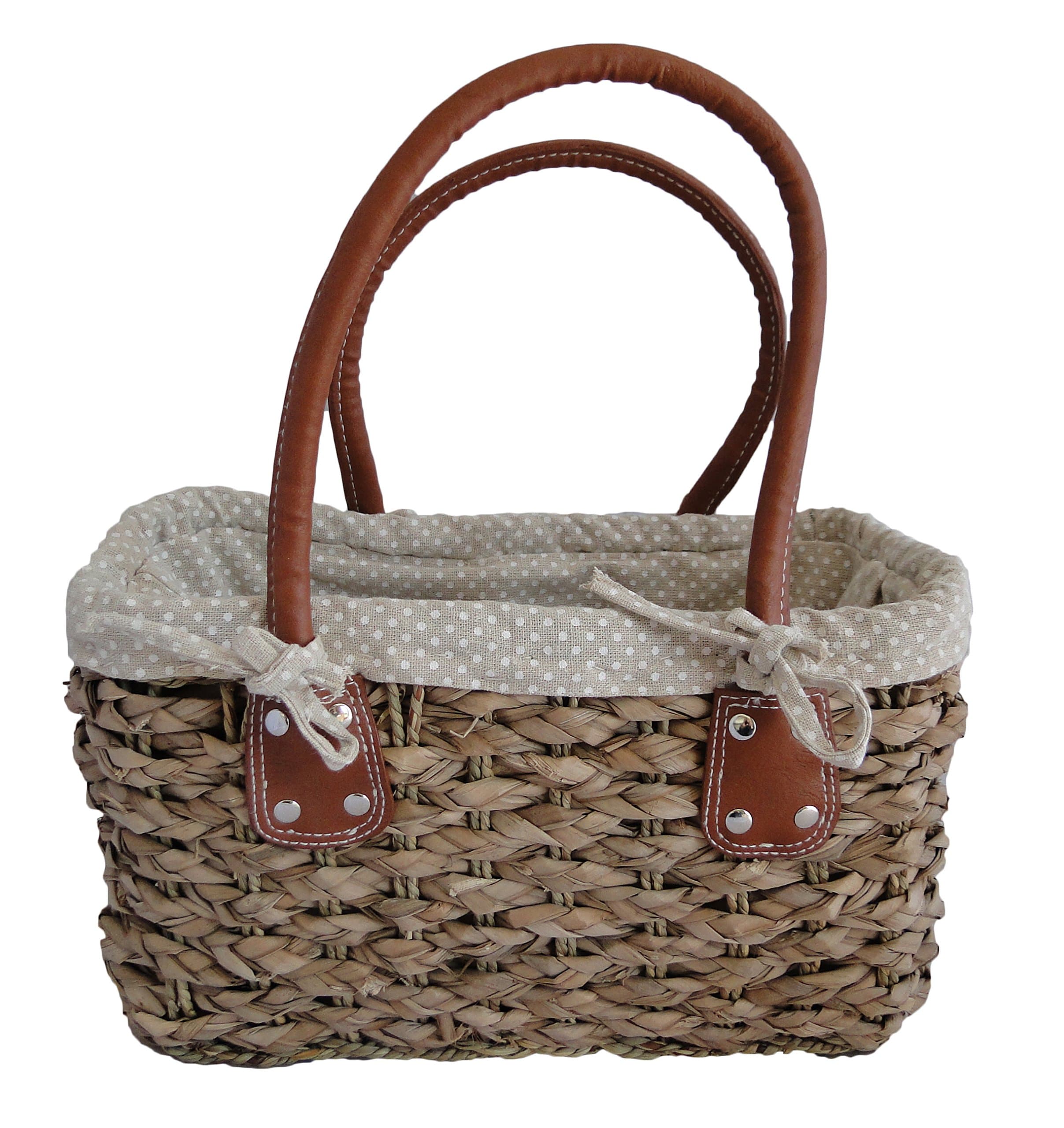 The Olive House Stylish Medium Beige Polka Dot Ladies French Market Shopping Basket Bag Handbag