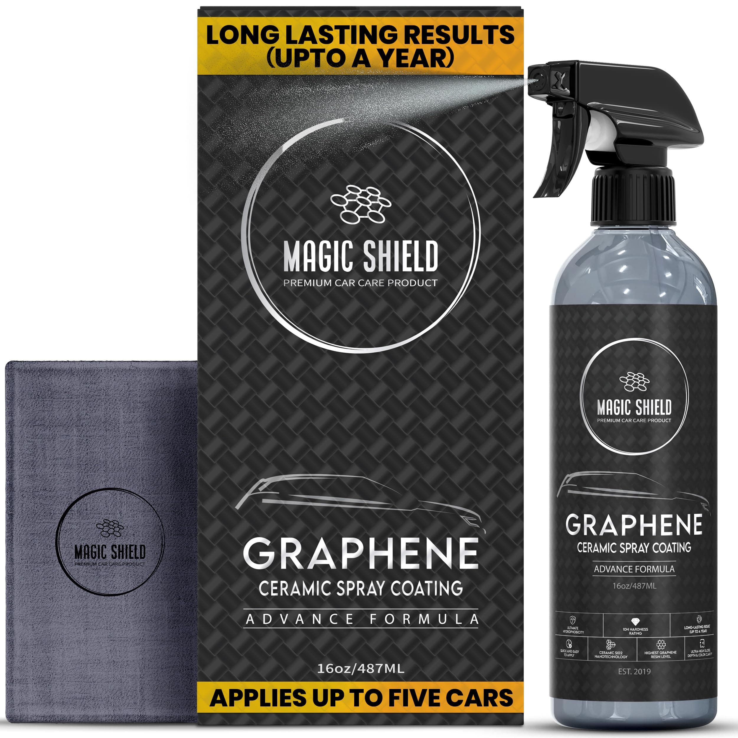 Magic Shield Graphene Ceramic Spray Coating - LAST SO LONG! Quick & Easy for Cars, Motorcycles, Boats & More - Professional-Grade Sealant for Maximum Gloss & Shine - Waterless Wash & Wax - 16oz Bottle