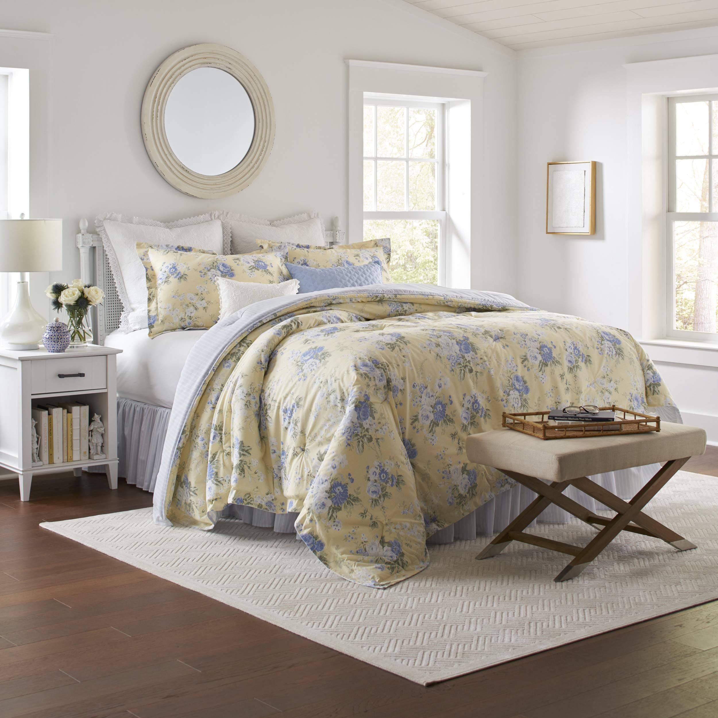 Laura Ashley Home - King Comforter Set, Reversible Cotton Bedding with Matching Shams & Bedskirt, Stylish Home Decor for All Seasons (Maybelle Blue, King)