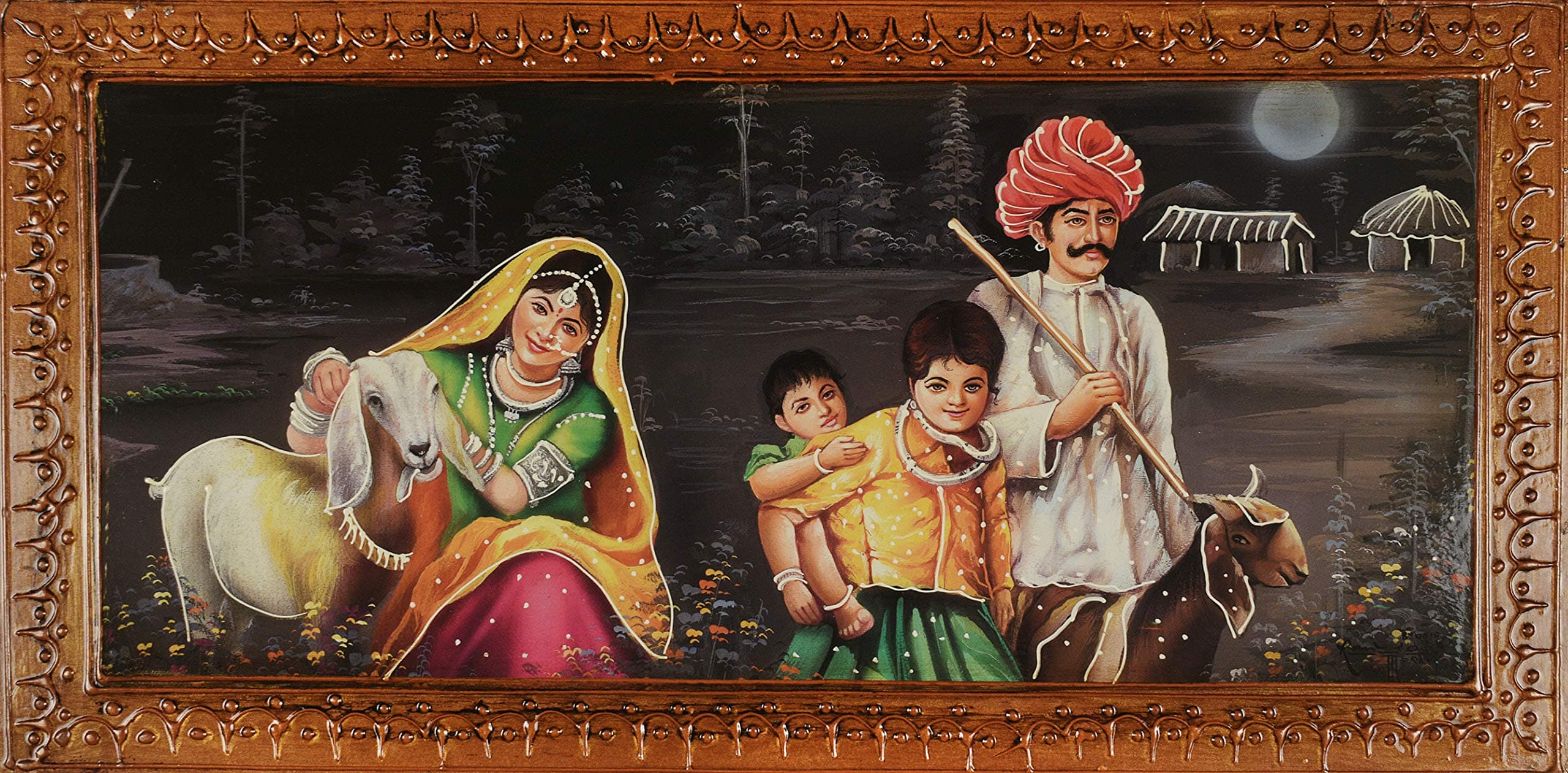 Imperial Handicrafts Indian Traditional Painting Depicting Beautiful Indian Village Family in Their Traditional Attire in an Embossed Wooden Frame for Home Decor & Gifting | Multi-Color 24 X 12 Inches