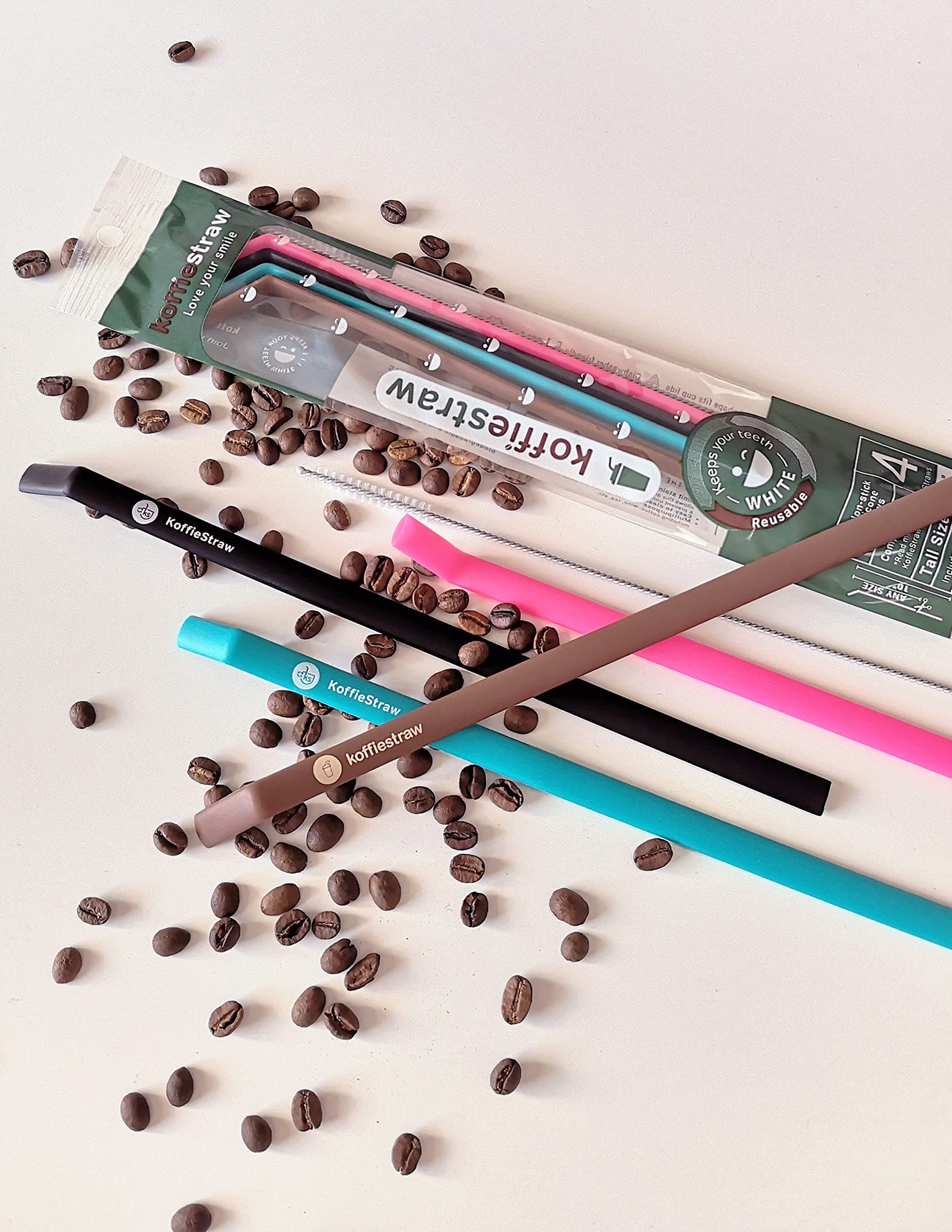 Koffie Straw 4-Pack Straws and 1 Brush (in Home compostable Wrapper) to Limit Stains on Your Teeth (Pink Mocha Surf Black)