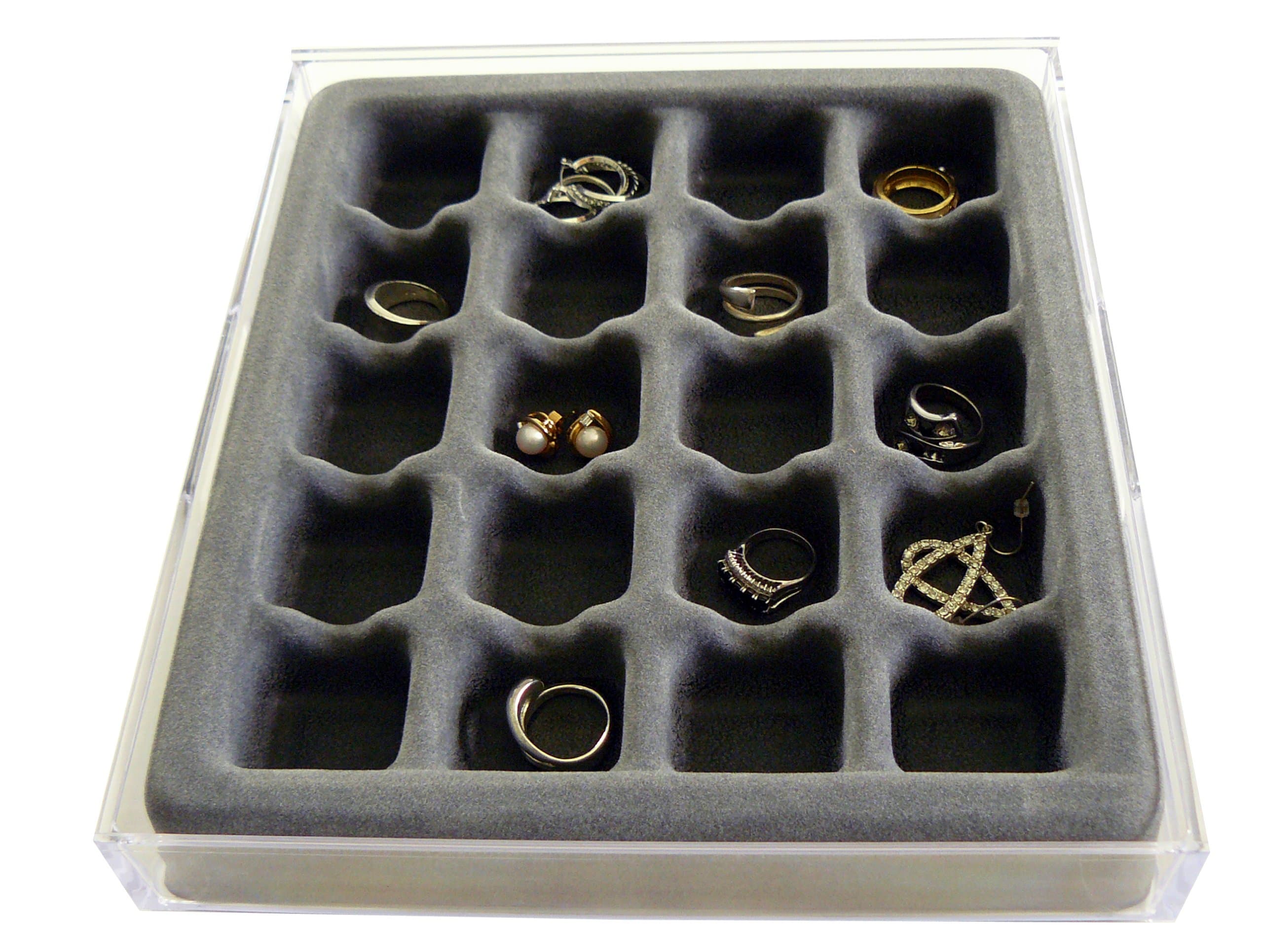 3301 Earring and Ring Jewelry Organizer with Velvet Tray, US Patented, 20 compartments, Clear with Gray Insert