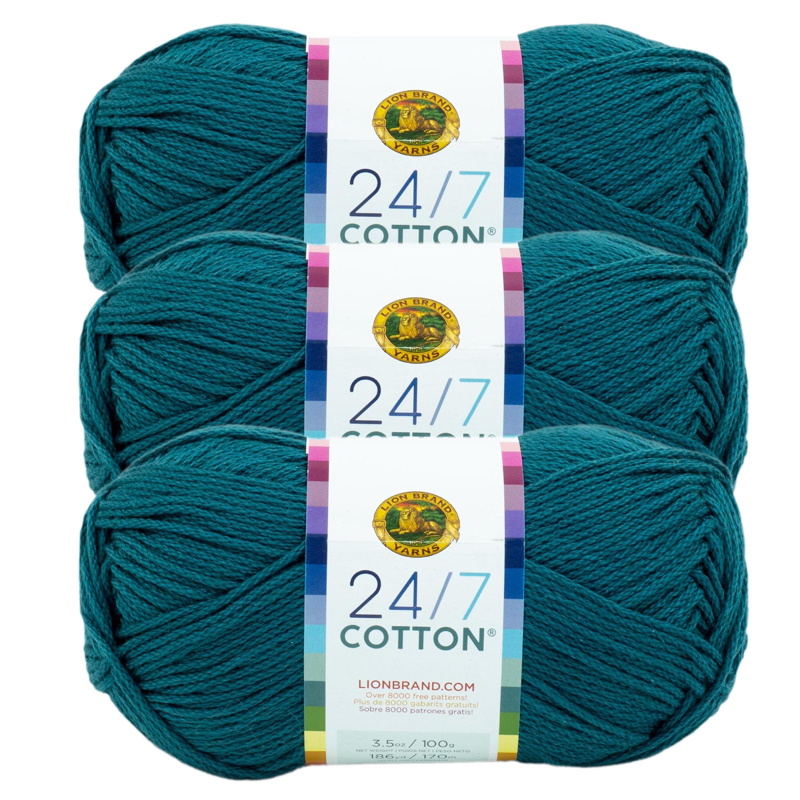 Lion Brand Yarn Lightweight 24/7 Cotton Yarn for Knitting, Crocheting, Crafting, Dragonfly, 3 Pack