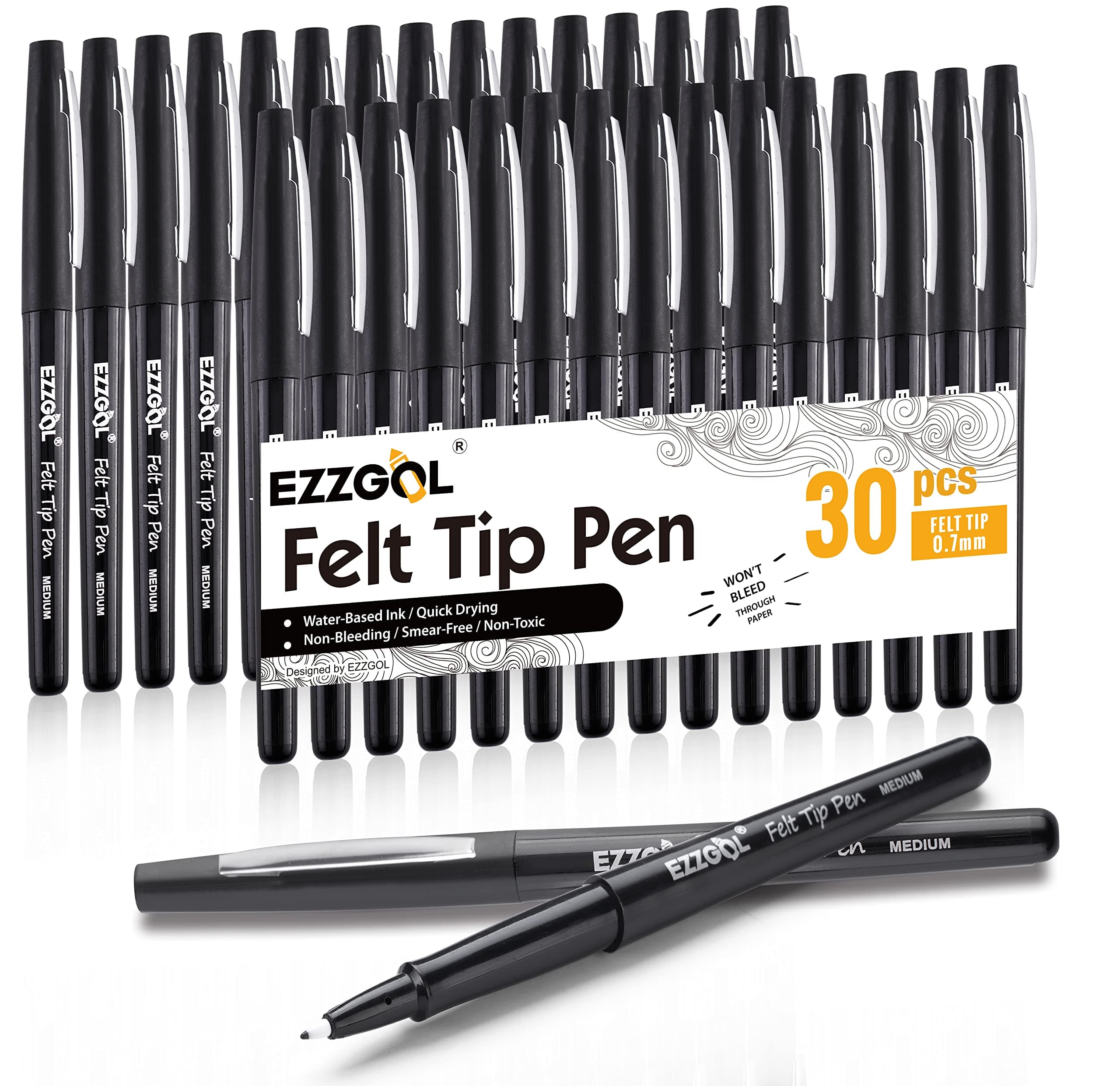 Black Felt Tip Pens, 30 Pack, 0.7mm Premium Medium Fine Point, Felt Tip Markers For Writing, Journal, Planner Coloring, Note Taking, Drawing, Art, School