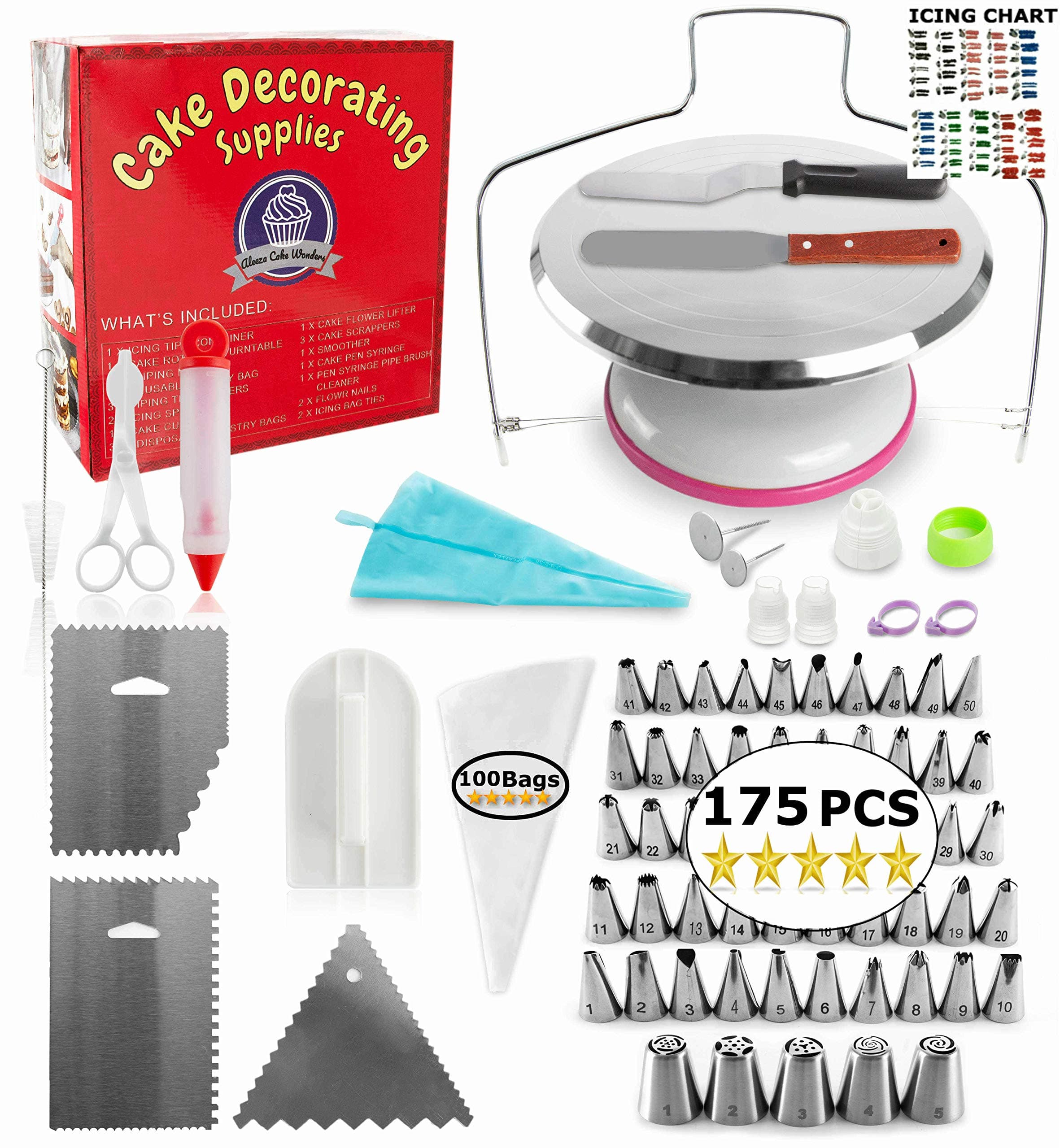 Frosted PRO Cake Decorating Kit - 175 pcs Cake Decorating Supplies with Metal Cake Turntable Stand, Frosting Bags and Tips (50 Piping Tips Set), Icing Cake Leveler, Cake Scraper