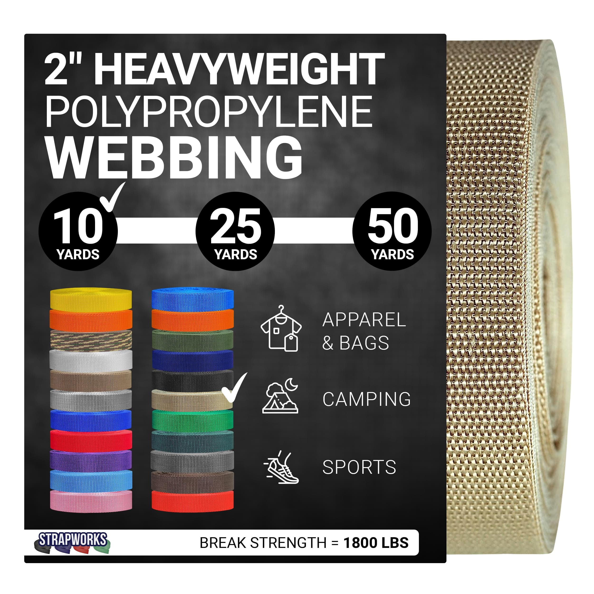 Heavyweight Polypropylene Webbing - Heavy Duty Poly Strapping for Outdoor DIY Gear Repair, 2 Inch by 10, 25, or 50 Yards, Over 20 Colors