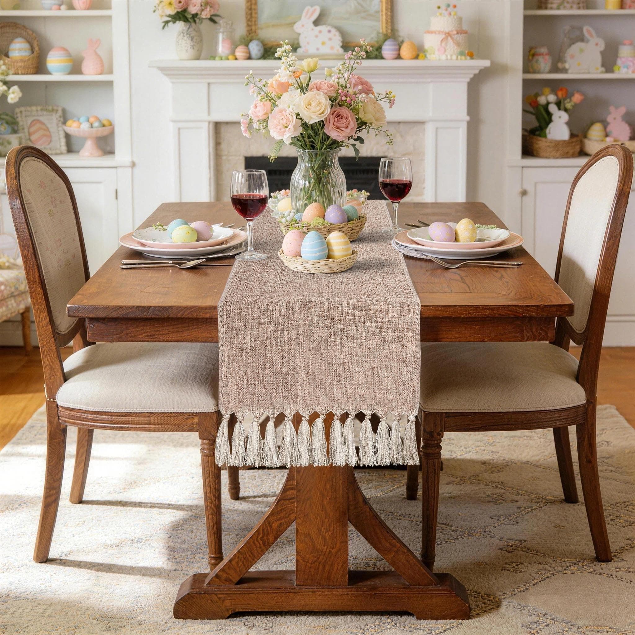 yuboo Boho Table Runner 48 Inches - Neutral Coffee Table Runner for Living Room, Spring Easter Decor, Small Round Dining Table, Dresser Scarves (55" with Tassels)