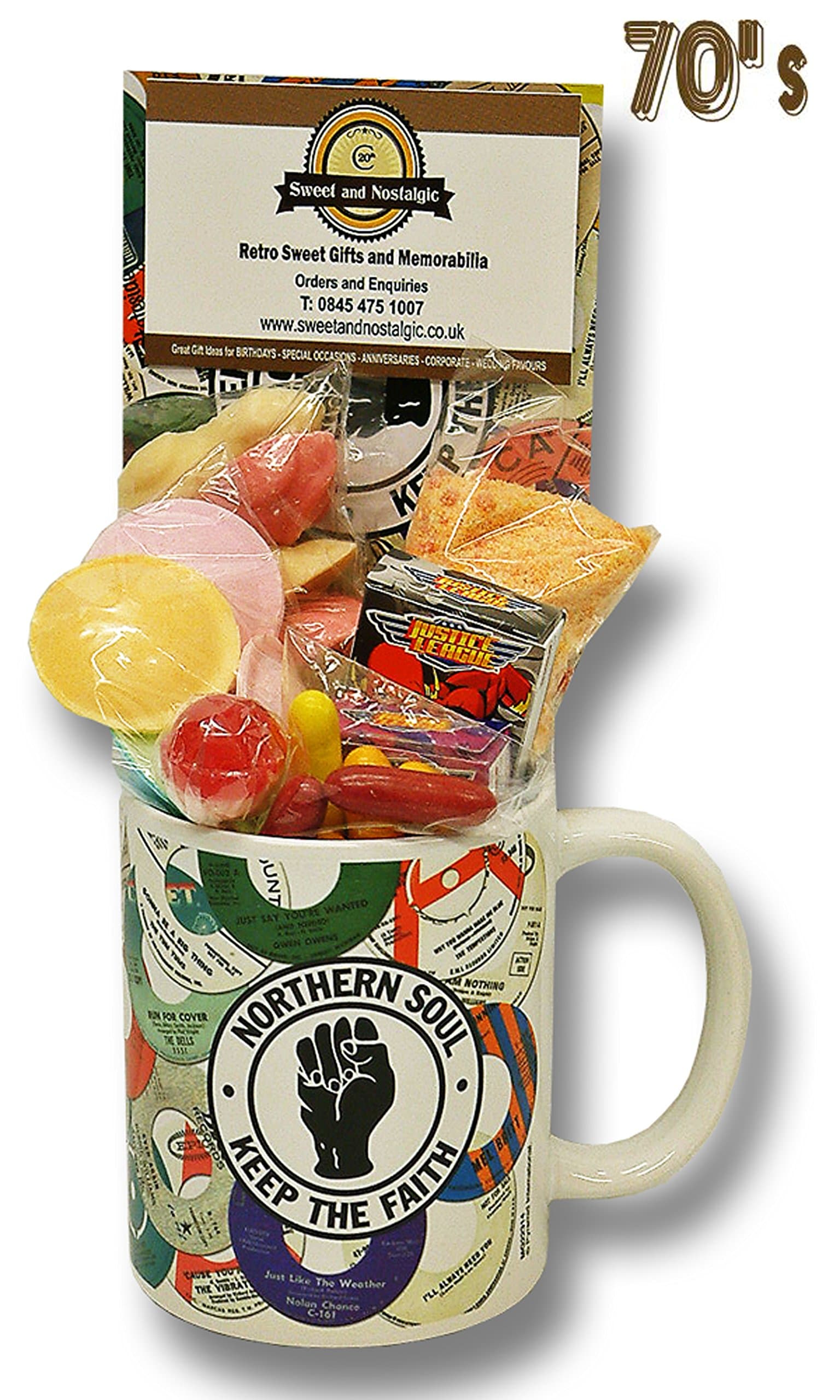Northern Soul - Record Labels Mug with Cool Selection of 1970's Retro Sweets.