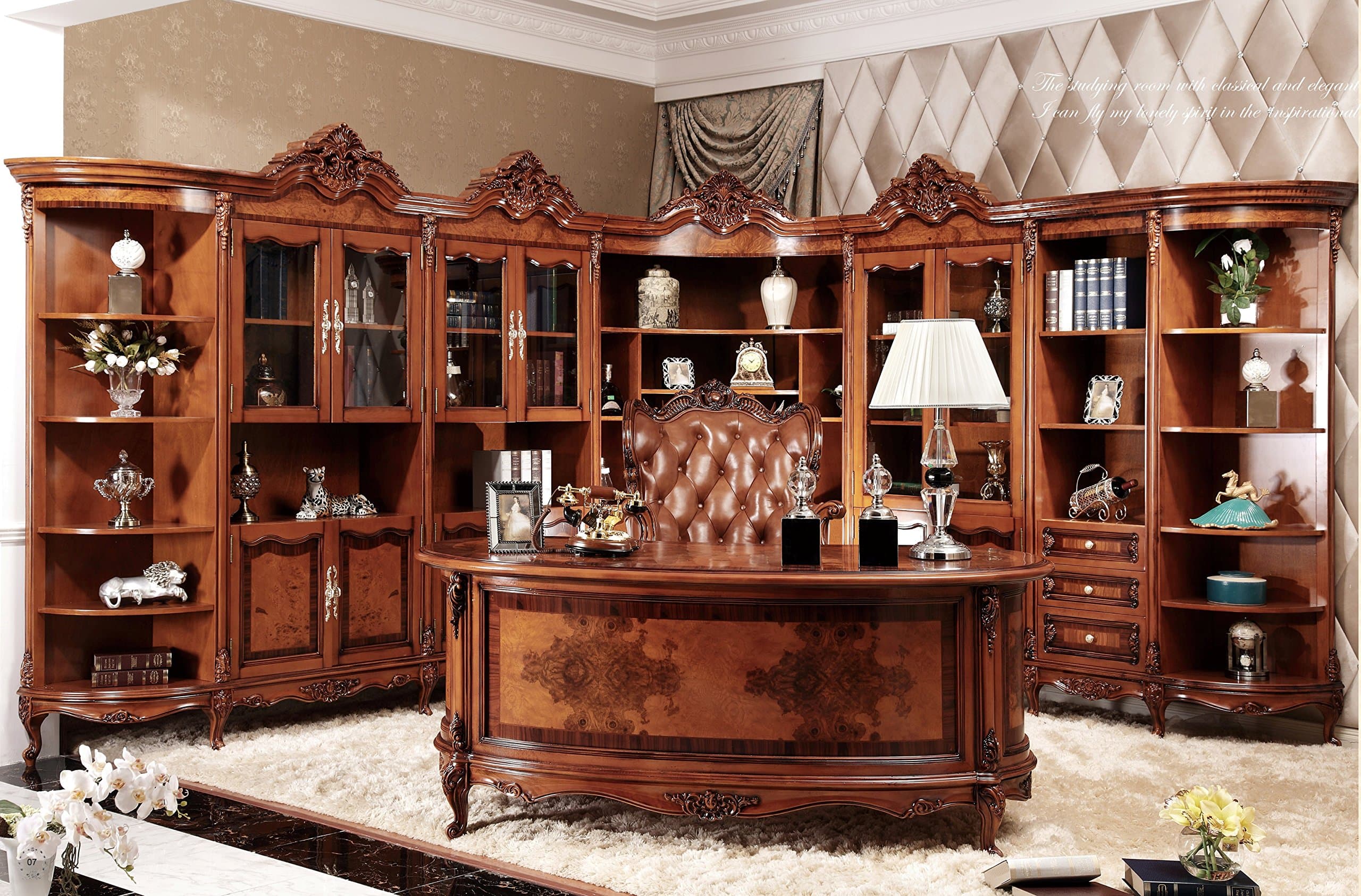 Ma Xiaoying Office Cabinets and Desk and Office Chair,Antique Furniture,Solid Wood Beech Carved by Hands,European Classical Style,Brown