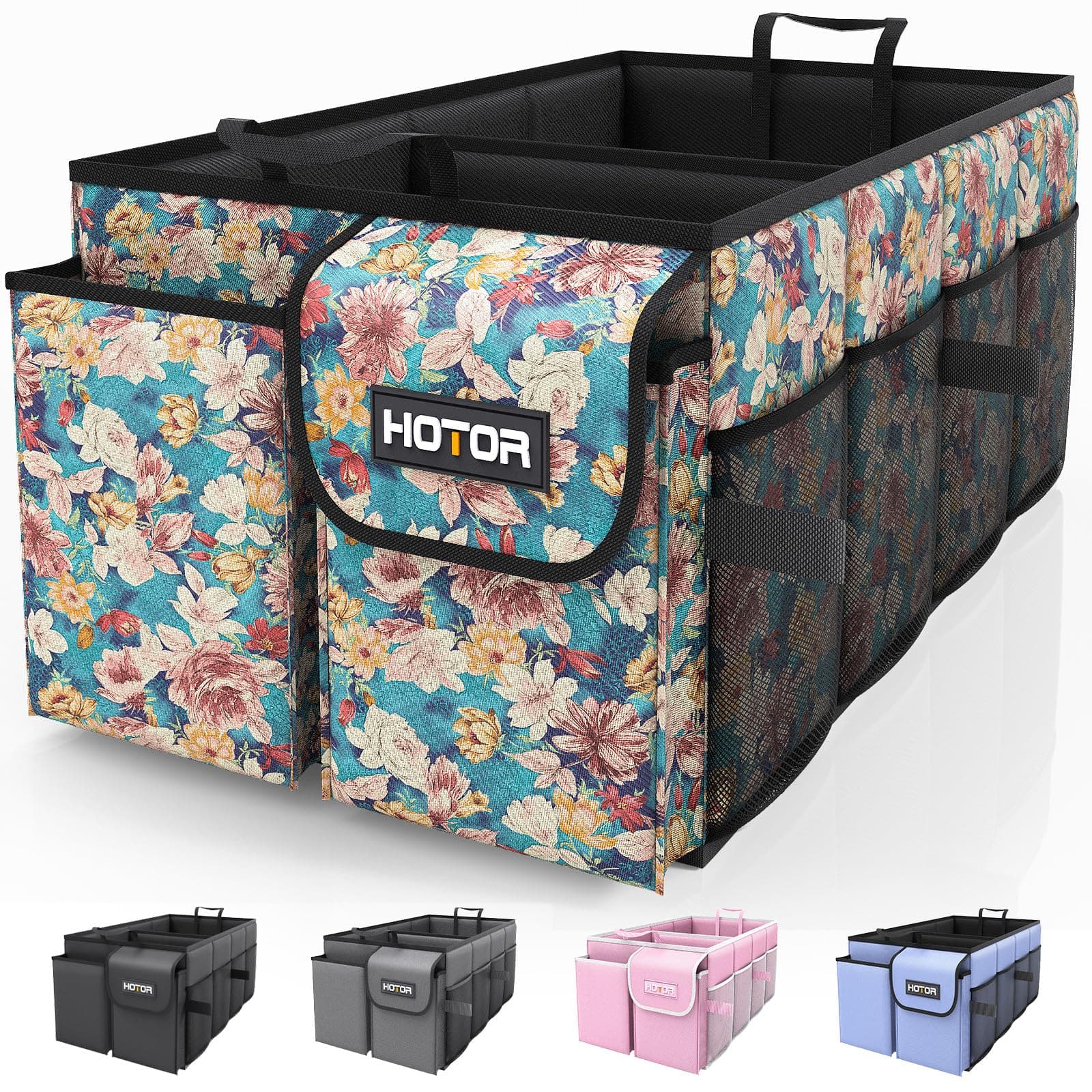 HOTOR Trunk Organizer for Car - Car Organizer, Foldable Trunk organizer for SUVs & Sedans, Sturdy Car Organization for Car Accessories, Tools, Sundries, Blue Flower, 2 Compartments, 21.3"×12.6"×10.6"