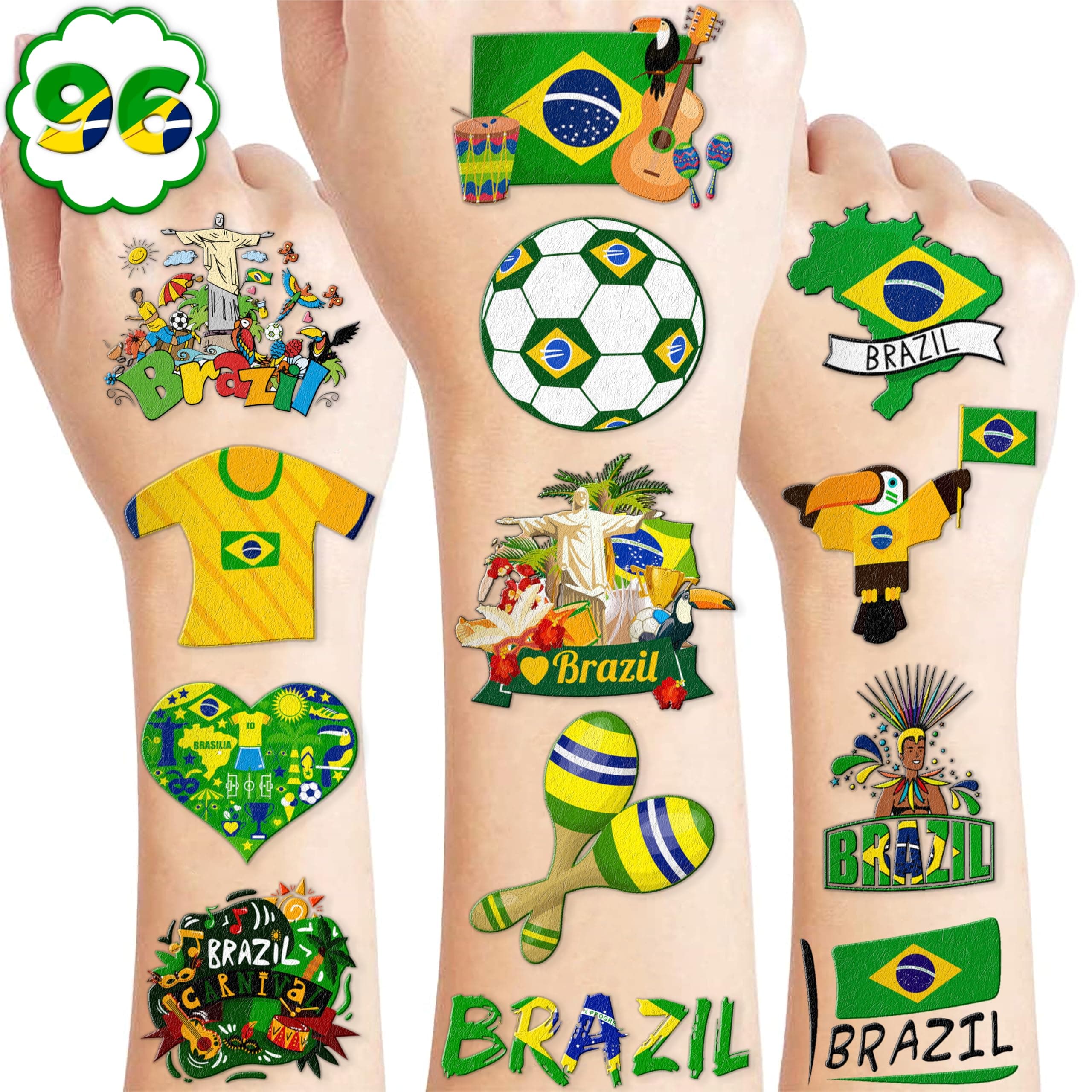 - 96 PCS Brazil Brazilian Pre-Cut Temporary Tattoos Themed Birthday Party Supplies Favors Decorations Décor Soccer Carnival Tattoo Stickers Gifts For Boys Girls Class School Prizes Carnival Cartoon
