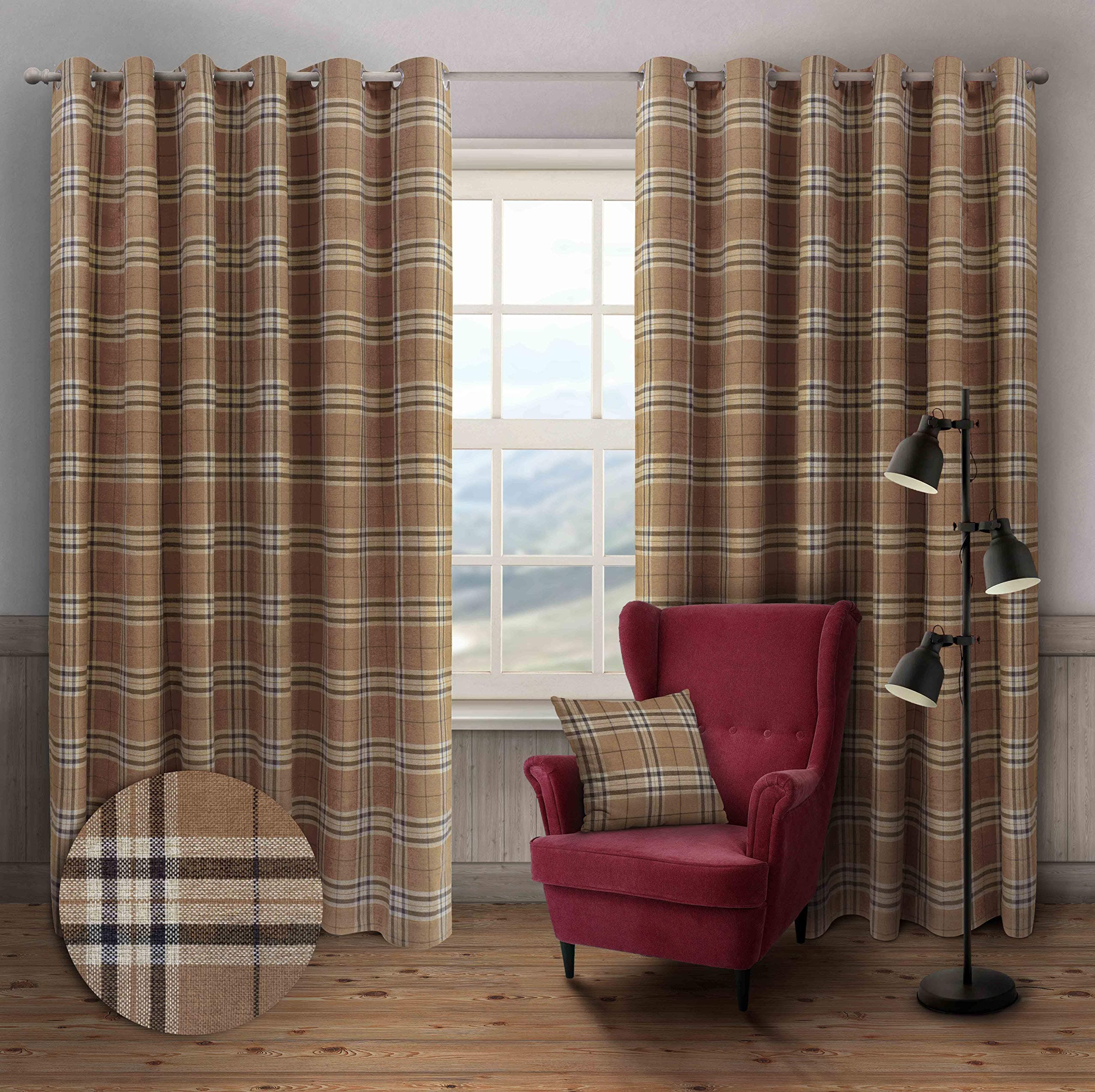 Intimates Hugo Tartan Check Stripe Natural/Beige Thermal Lined Woven Ring Top Curtains 90" x 90" Curtain Pair