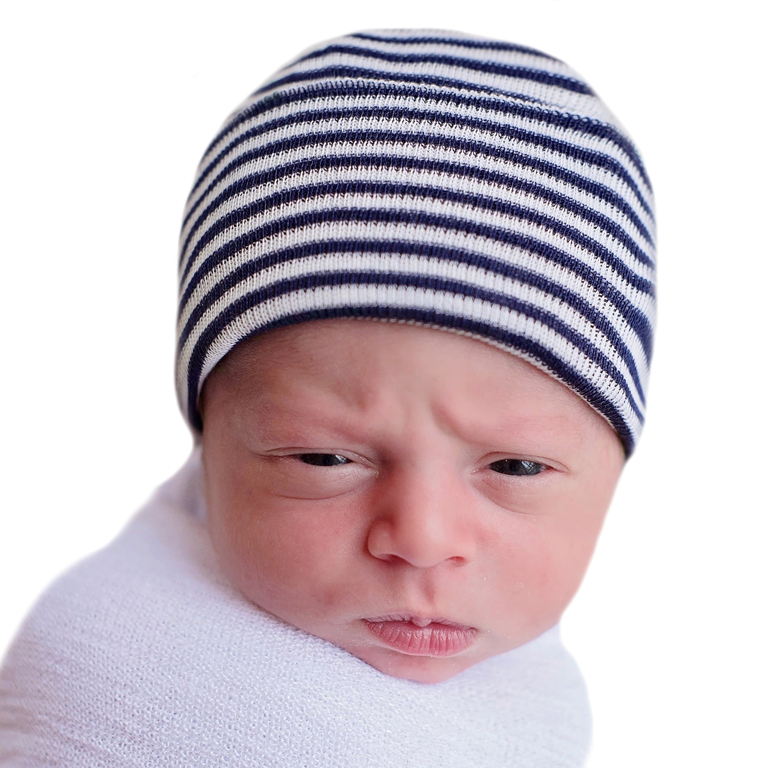 Melondipity Newborn Hospital Hat Navy and White Striped - Infant Baby Beanie for Toddlers Baby Boys