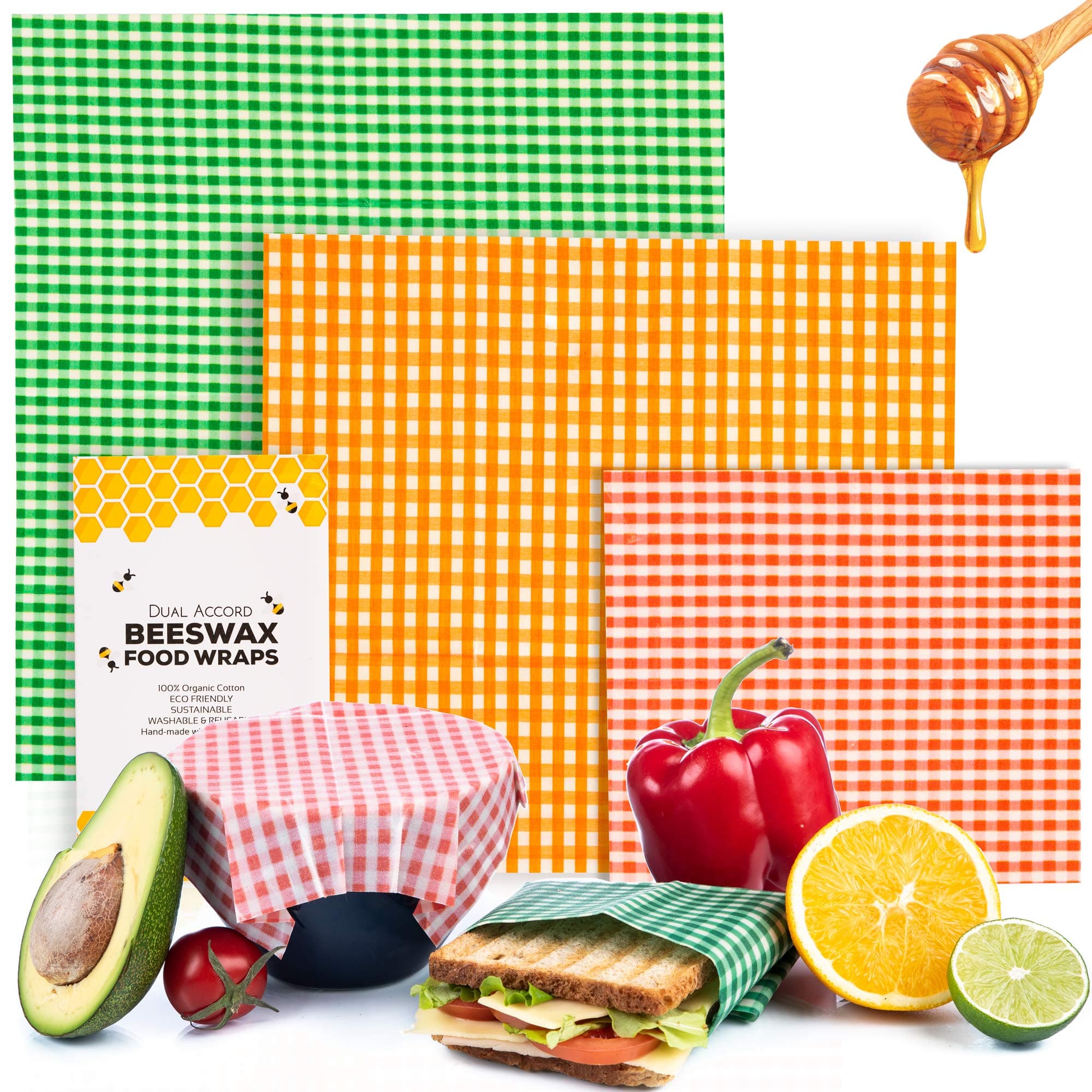 Organic Beeswax Wrap - Zero Waste Bees Wax Wraps For Food | Eco Friendly Alternative To Plastic Wrap, Reusable Sandwich Wrap, Wax Paper | 3 Pack Multicolor Beeswax Food Wrap (Green, Orange, Red)