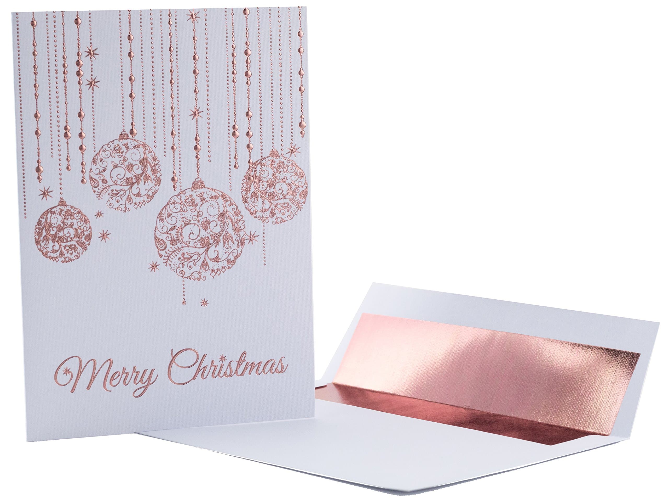 Christmas Cards - 20 Pack Premium Rose Gold Embossed Foil Filigree "Falling Ornaments" On Linen Textured Heavyweight Card Stock with Rose Gold Foil Lined Envelopes