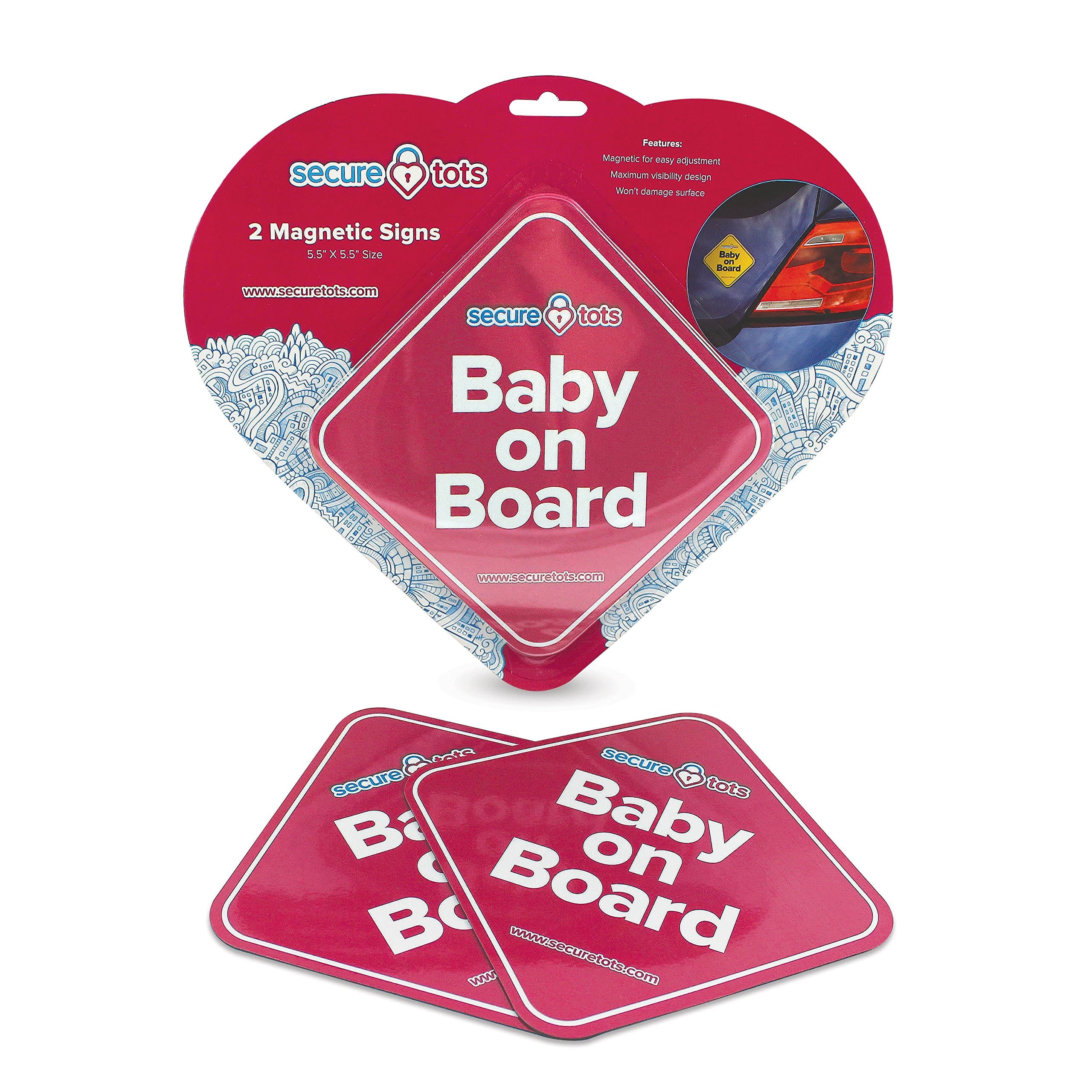 Secure Tots Magnetic "Baby on Board" Car Signs (2 pack) (Pink)