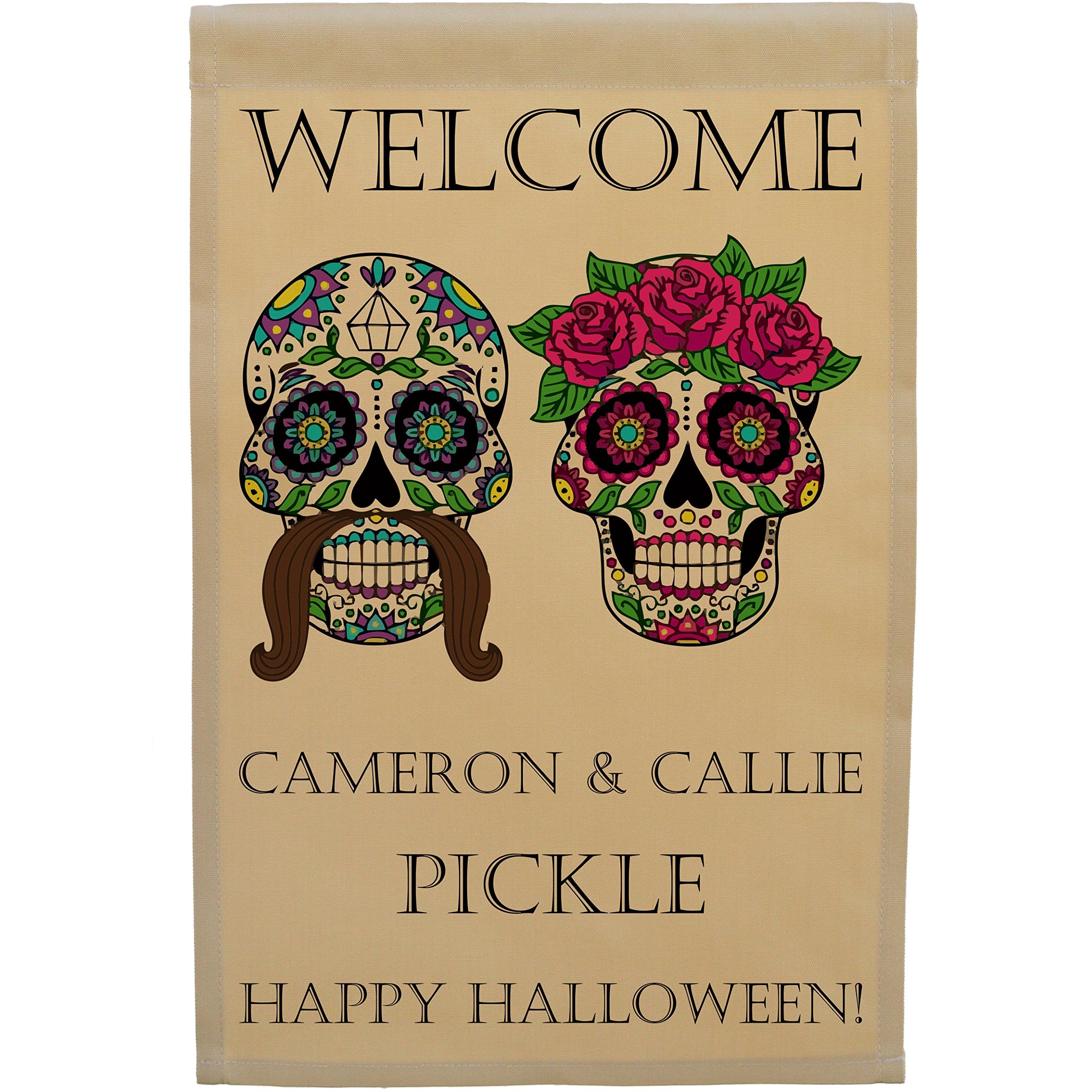 Happy Camper World Personalized Halloween Garden Flag or Wall Hanging, Mr and Mrs Sugar Skulls, Day of The Dead, Calavera Skulls,