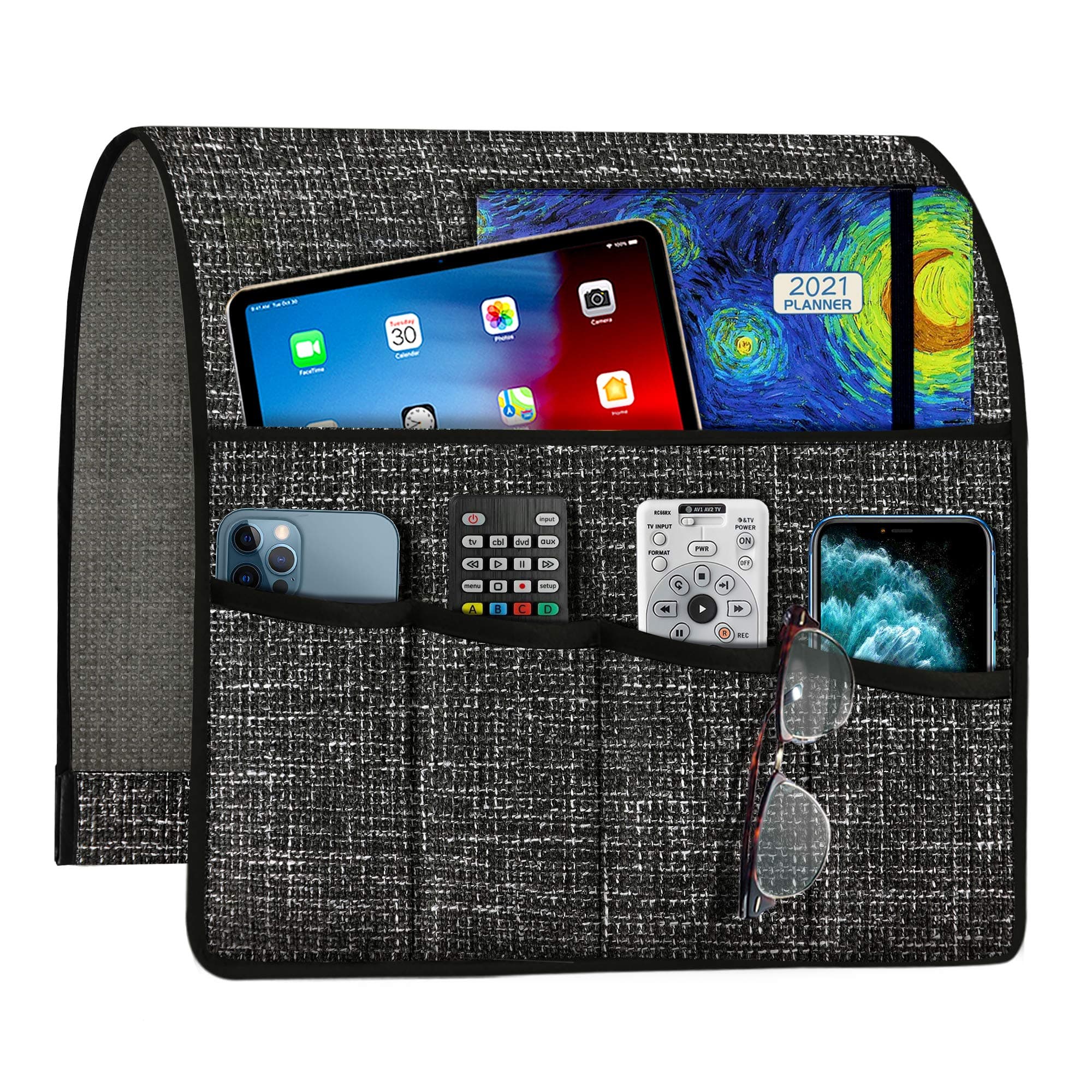 Naturoom Thick Linen Armchair Caddy, TV Remote Holder for Couch Sofa, Armrest Organizer Recliner Accessories, Arm Chair Side with 5 Pockets, Dark Grey