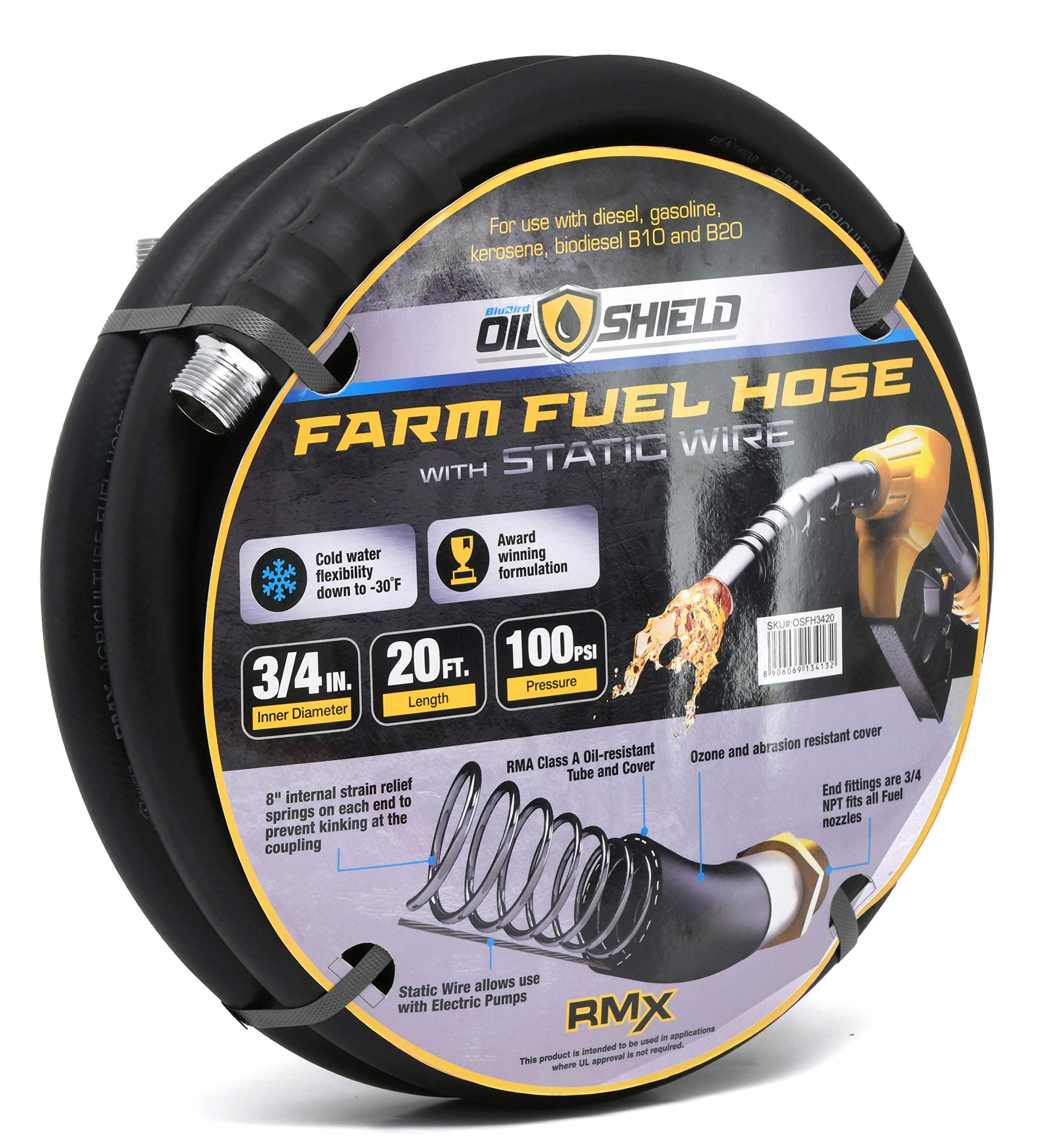 OIL SHIELDNext-Gen Farm Fuel Transfer Hose - Lighter - 2X Kink Resistant - Antistatic - 4 Finger Grip Bend Restrictors (3/4" x 20') OSFH3420