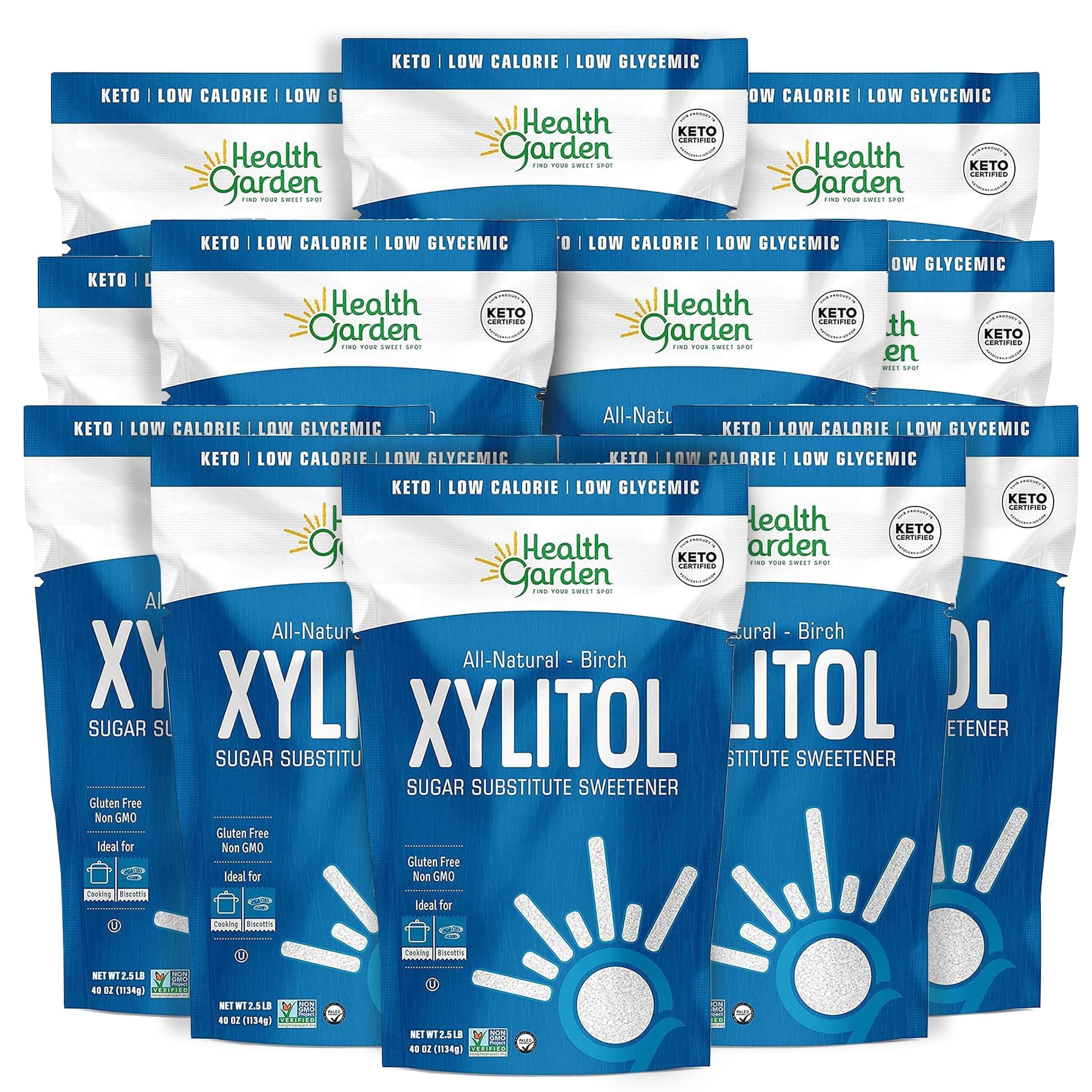 Health Garden Birch Xylitol Sweetener, 40 Oz. x 12, Pure Birch Xylitol, Non-GMO, Kosher, Ideal Powdered Sugar Substitute in Resealable Bag, Low Glycemic Impact Sugar Alternative (2.5 Lb. Pack of 12)