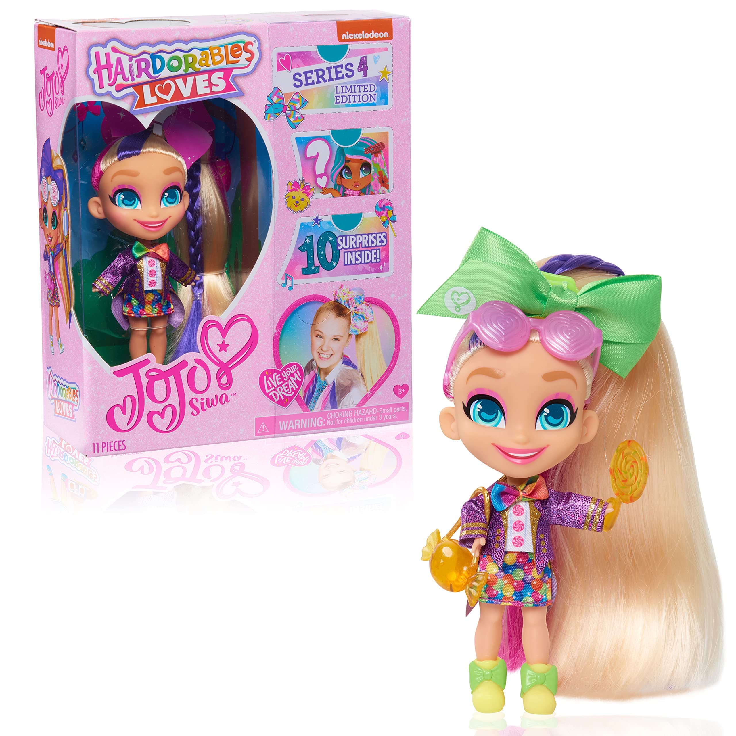 JoJo Siwa Hairdorables Loves JoJo Limited Edition Collectible Doll, Series 4, Candy Time, Includes 10 Surprises, by Just Play