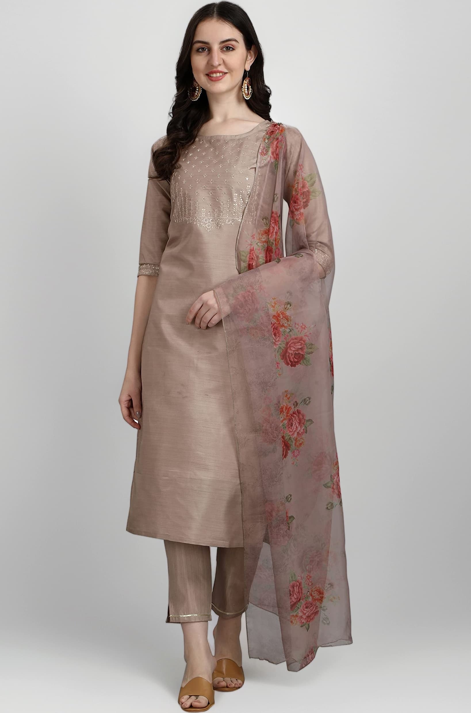 VredeVogel Women's Silk Blend Embroidered Straight Kurta Pant Set with Organza Dupatta