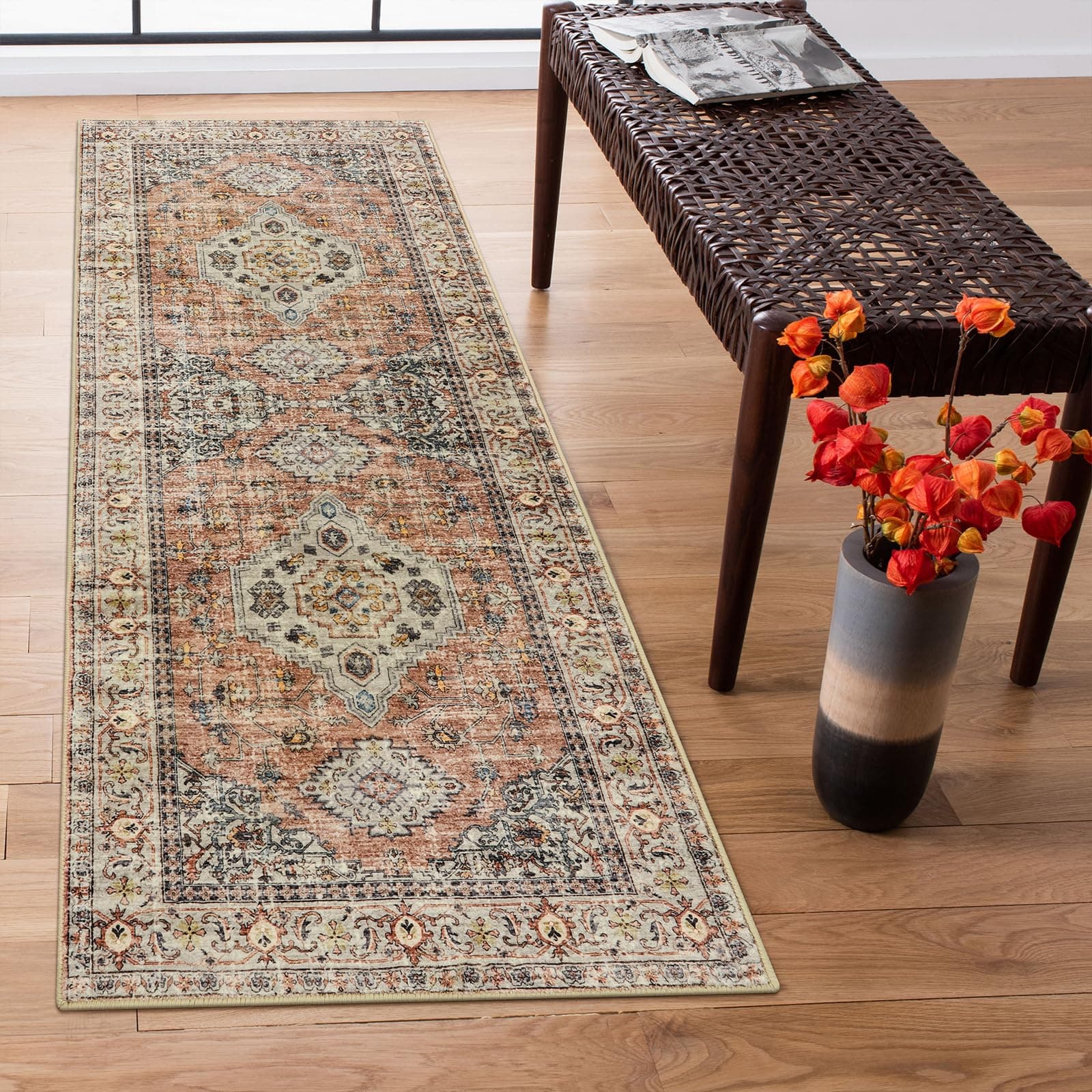 Lahome Oriental Washable Runner Rug, 2x6 Runner Rugs for Hallway Kitchen, Ultra-Thin Distressed Vintage Soft Long Carpet for Bathroom Bedroom Laundry Room Eleanor, Peach/Orange