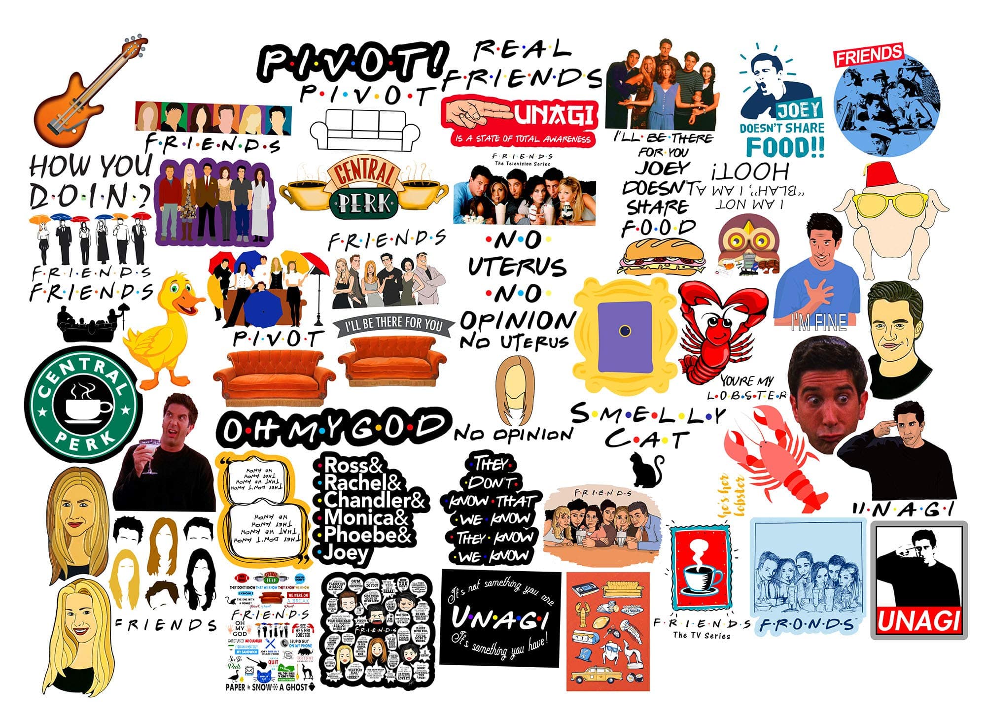 50pcs Friends TV Show Stickers Graffiti Patches Fans Decorative Waterproof Vinyl Scrapbook Gift for Laptop Cartoon Notebook PC Bike Skateboard Luggage Phone Home Window Snowboard