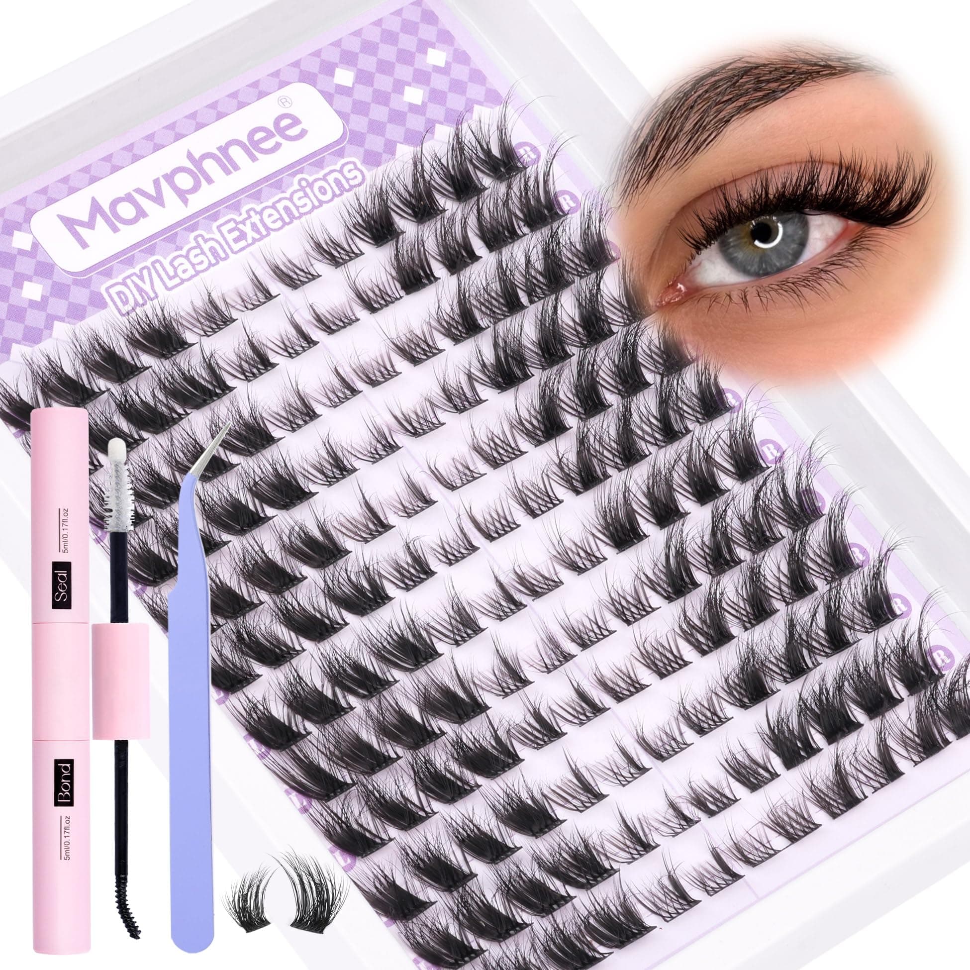 Fox Eye Lash Extension Kit L Curl Eyelash Extensions Kit Cat Eye Individual Lashes Kit 144 Pcs Fluffy Wispy Lash Clusters with Lash Bond and Seal and Eyelashes Tweezers by Mavphnee
