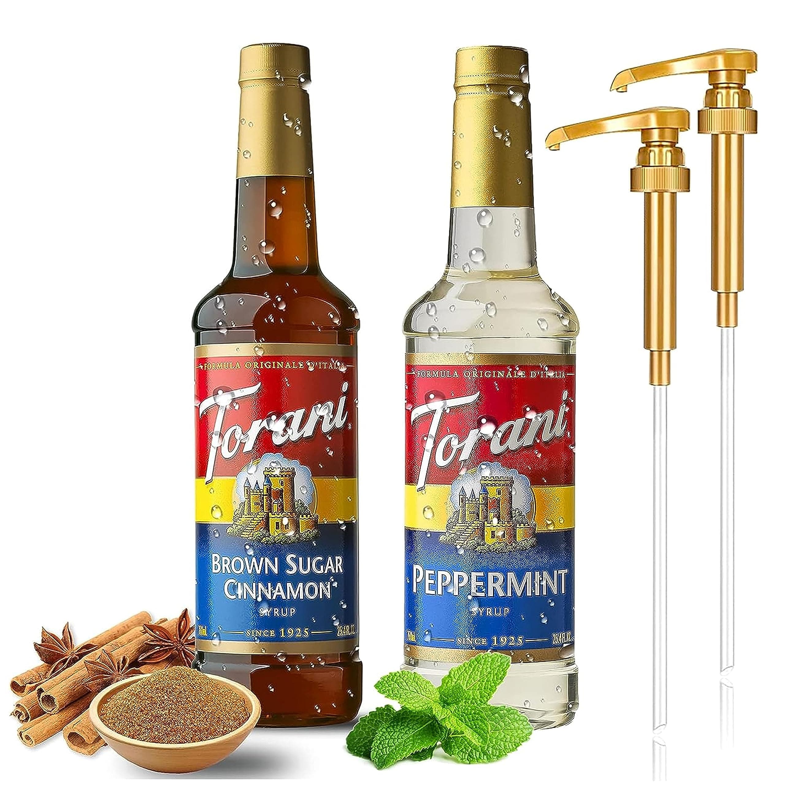 2 Syrup Pump Dispenser Bundle with Torani Coffee Syrup, Peppermint and Brown Sugar Cinnamon Syrup, 25.4 oz Bottles