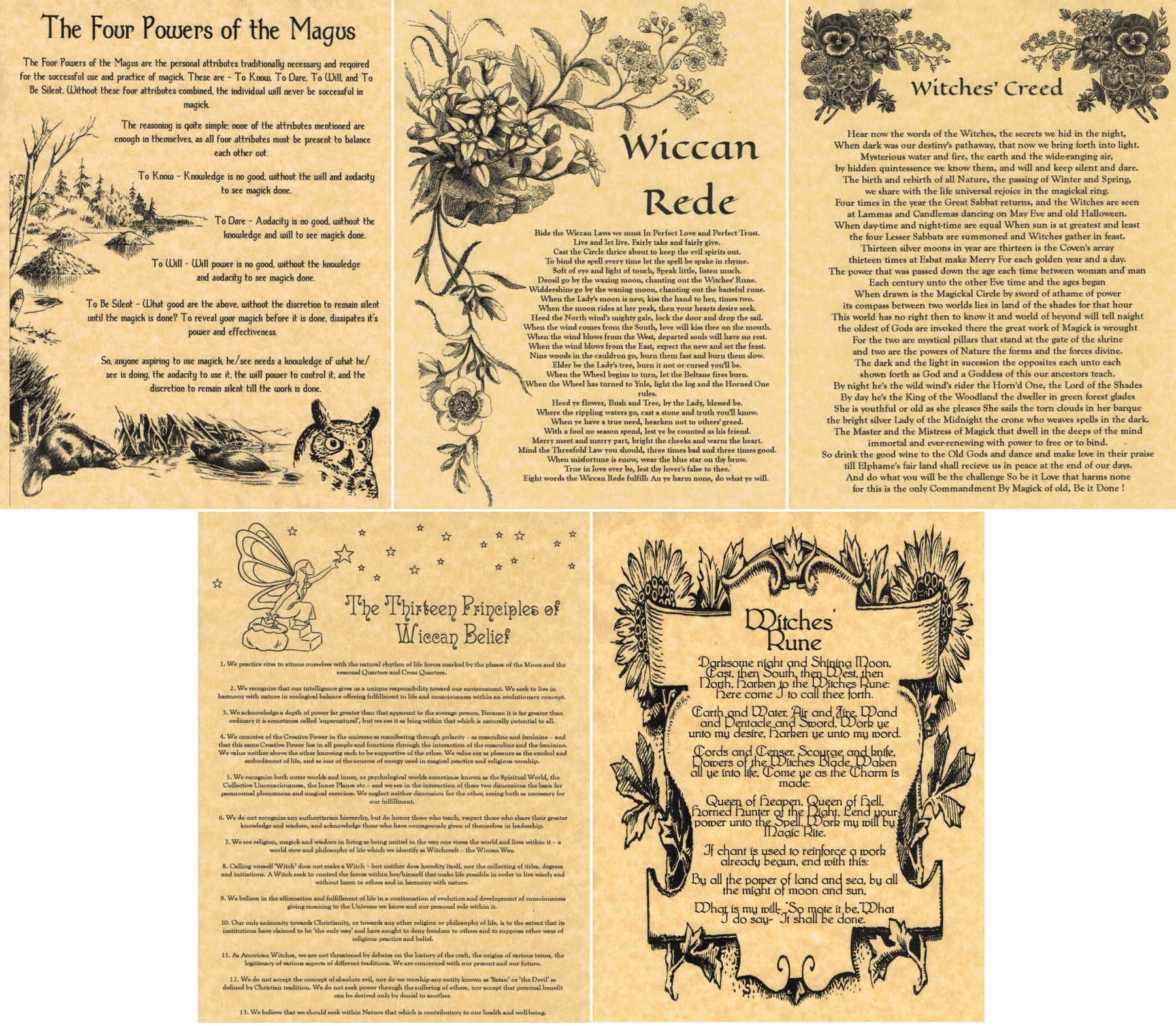 5 Book of Shadows Pages: Wiccan Rede, Witches Creed, Witches Rune, Four Powers of the Magus, 13 Principles of Wiccan Belief (Gold)