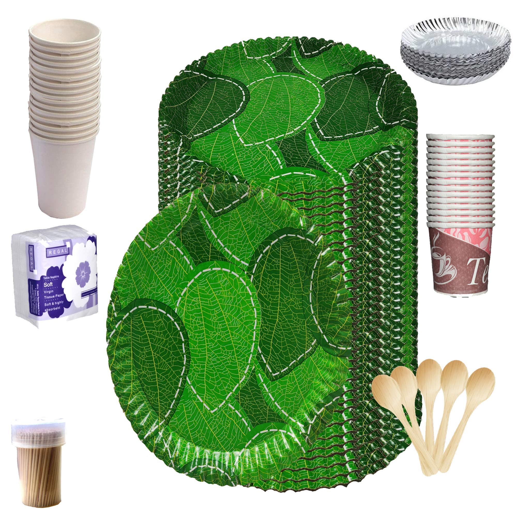 UR LITTLE SHOP 100% Biodegradable_Eco Friendly_12 Inch Paper Dinner Plates_Paper Glasses_ Tiffin Plates_Wooden Spoons_Paper Tea Cups_Tissues_Tooth Picks_All Items Pack of 100 Combo_ ULSP34