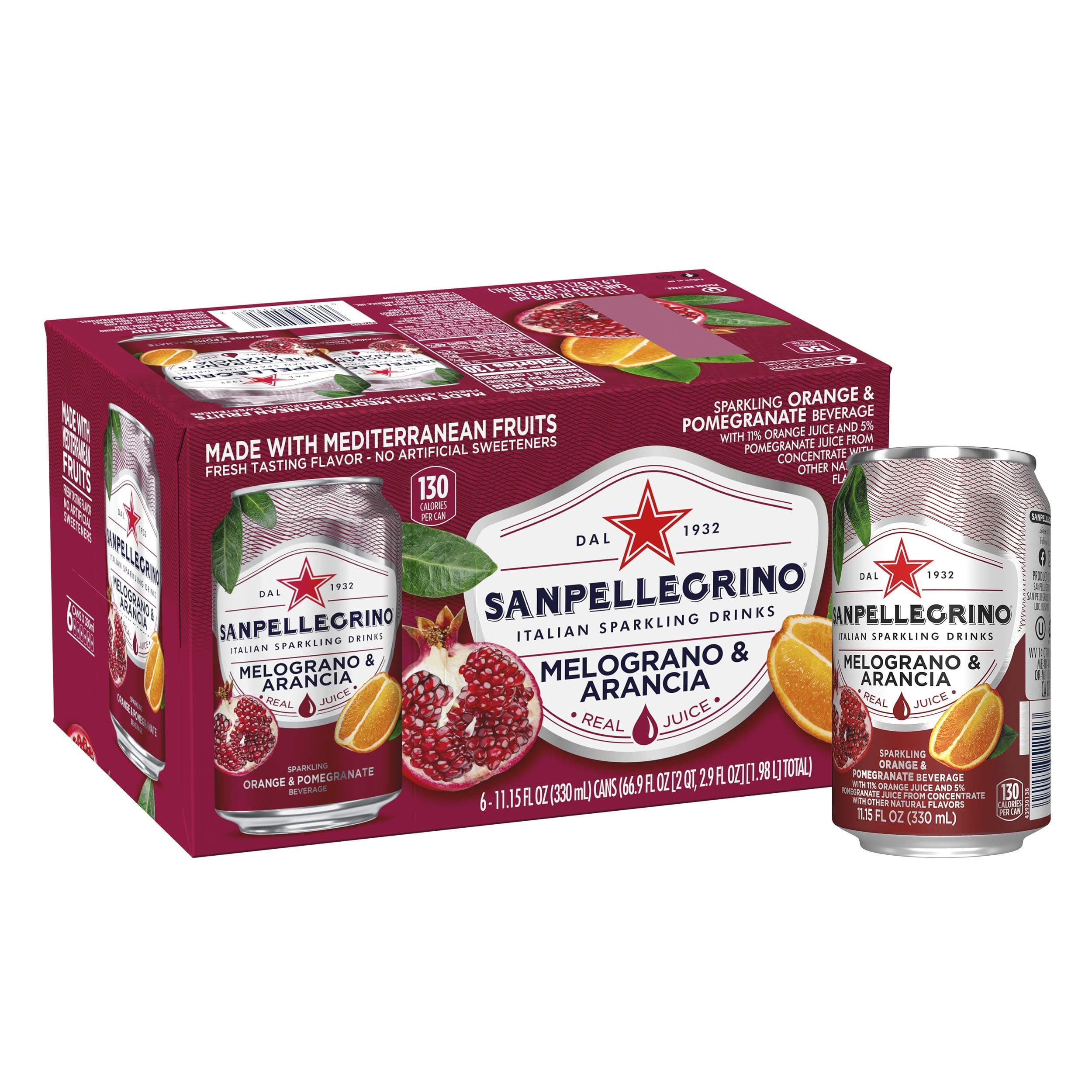Sanpellegrino Italian Sparkling Drink, Pomegranate and Orange, 11.15 Fluid Ounce, Cans (Pack of 6)