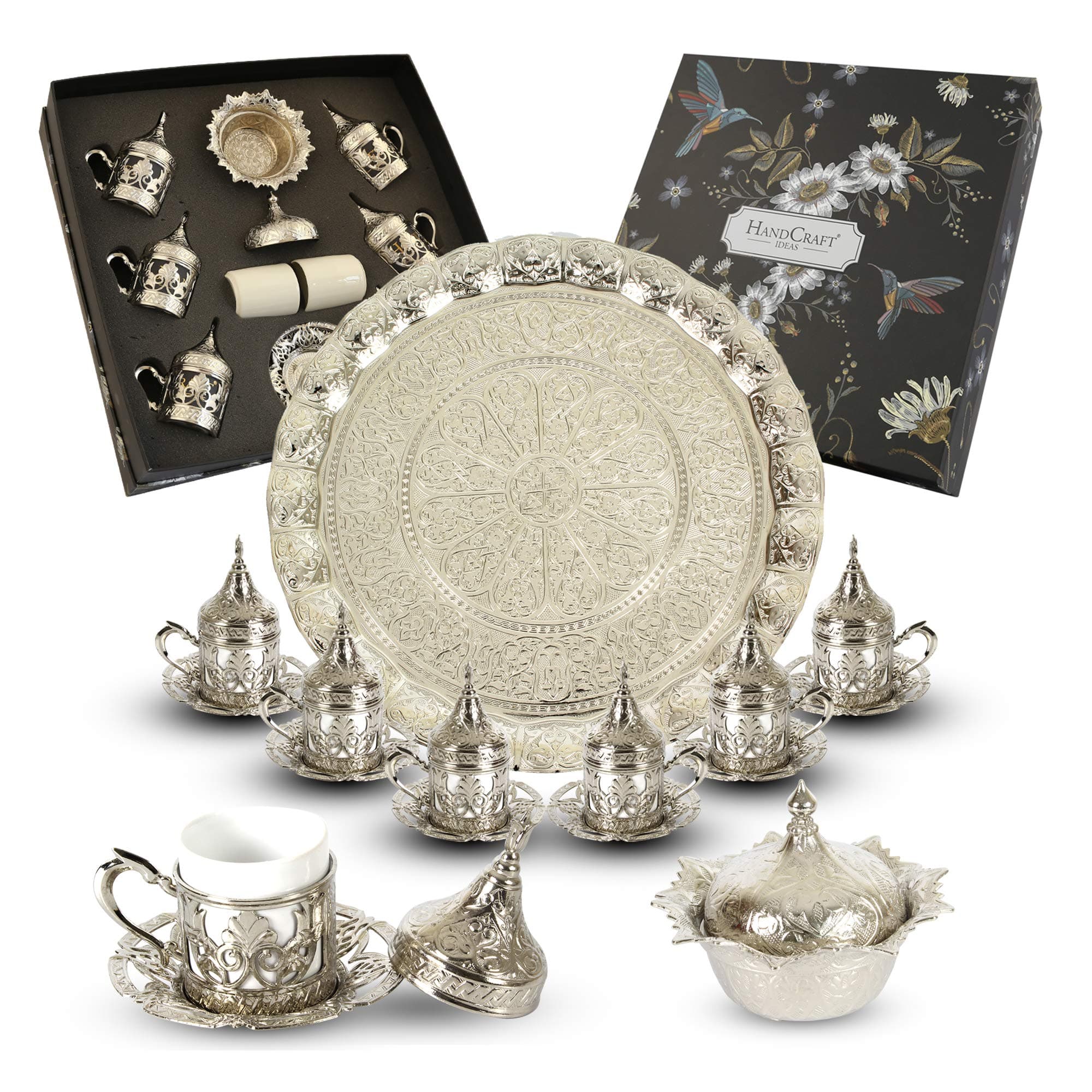 27-Piece Turkish Coffee, Espresso and Tea Set - Handmade Zamak Serving Set for 6 Includes Cups, Saucers, Sugar Bowl and Tray - Premium Zamak Construction - Silver - (CS6-204)