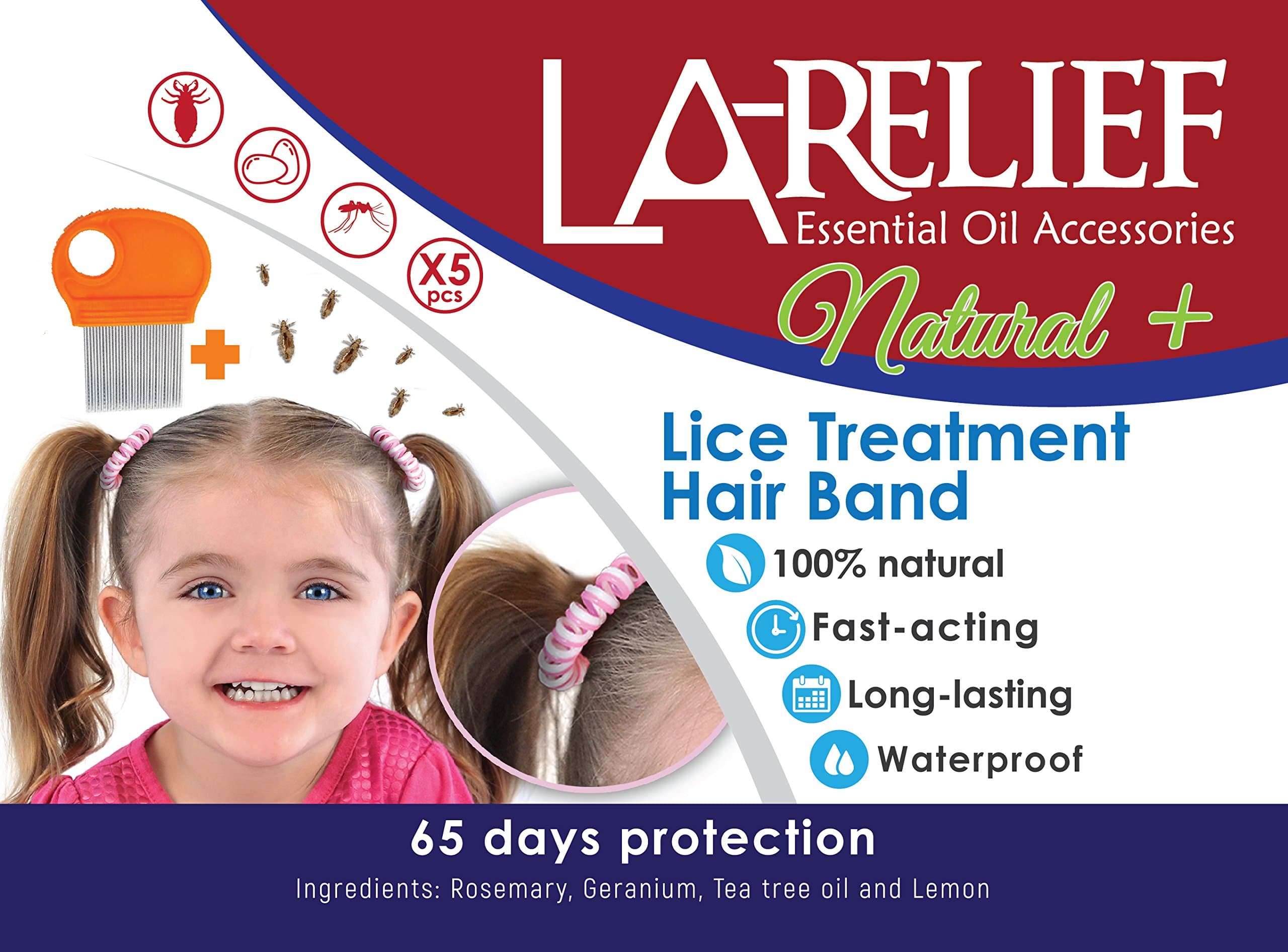 Lice Treatment Hair Bands and Professional Head Lice Comb 5x Magnifying Glass, 100% Pure Therapeutic Grade Essential Oils. Pack of 5