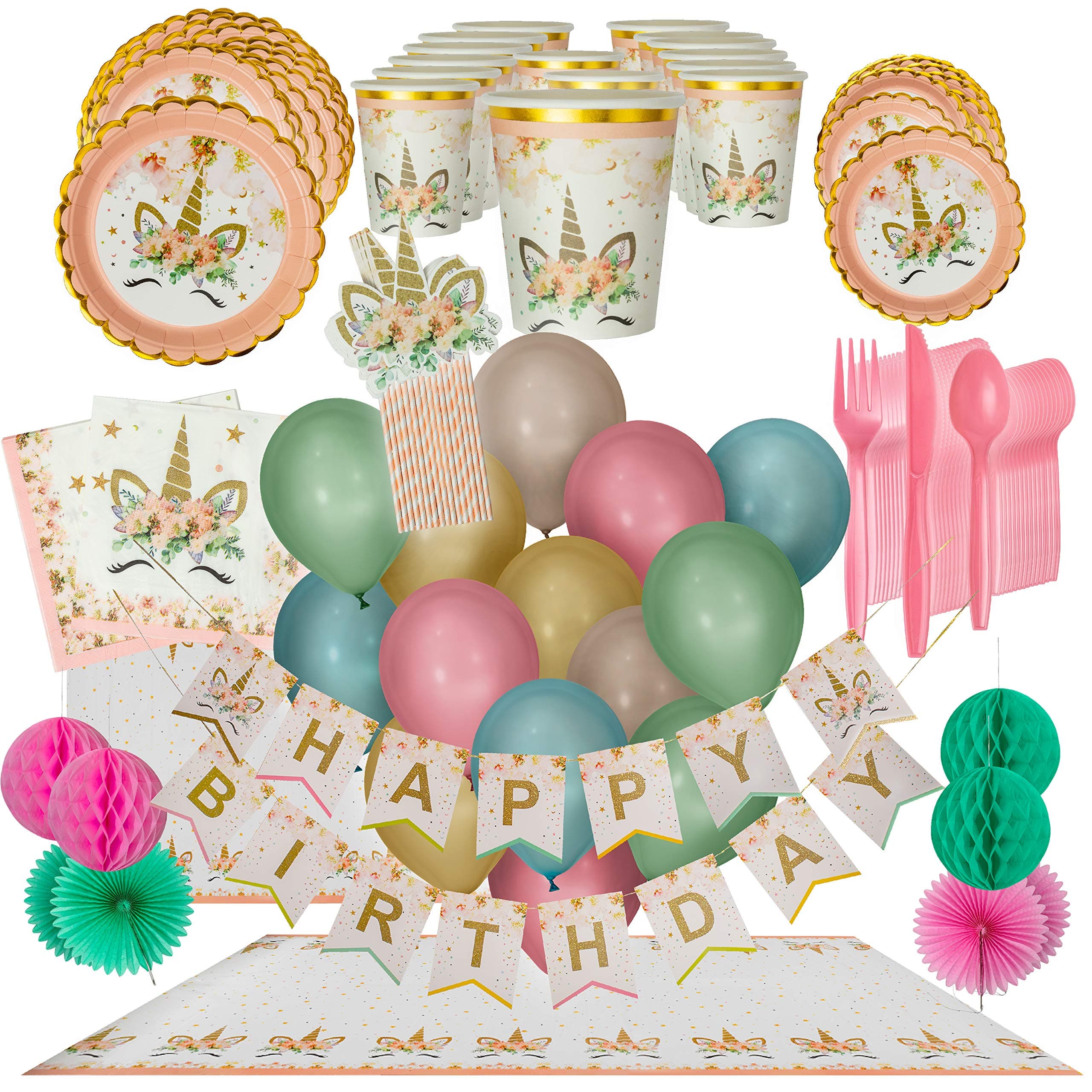Unicorn Birthday Party Supplies for Girls - Gold-trimmed Plates, Cups, Napkins, Serves 16, Tablecloth, Glittery Banner, Balloons, Pink-striped Unicorn Straws, Cutlery Party Pack-1st Birthday Decor