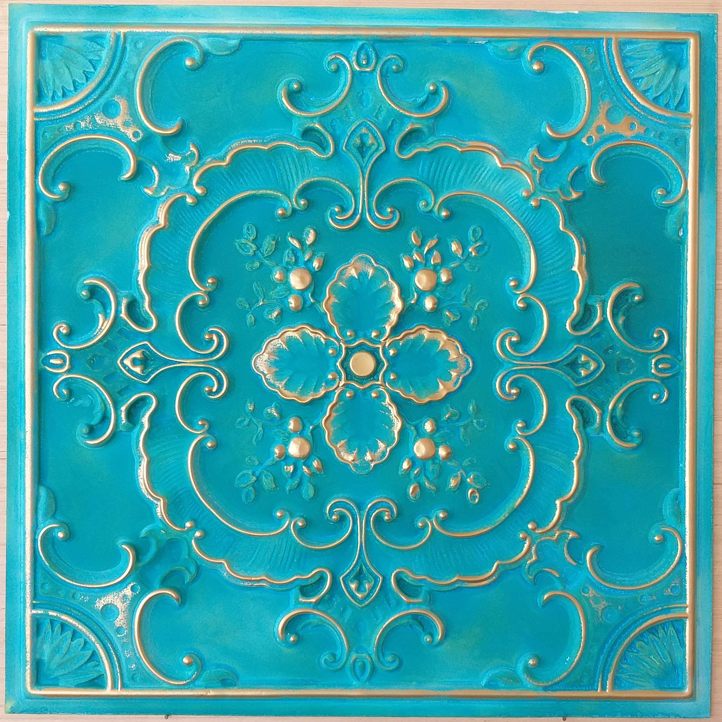 PVC Ceiling Tiles Cyan Gold Embossed Decor Wall Panels PL19 Pack of 10pcs