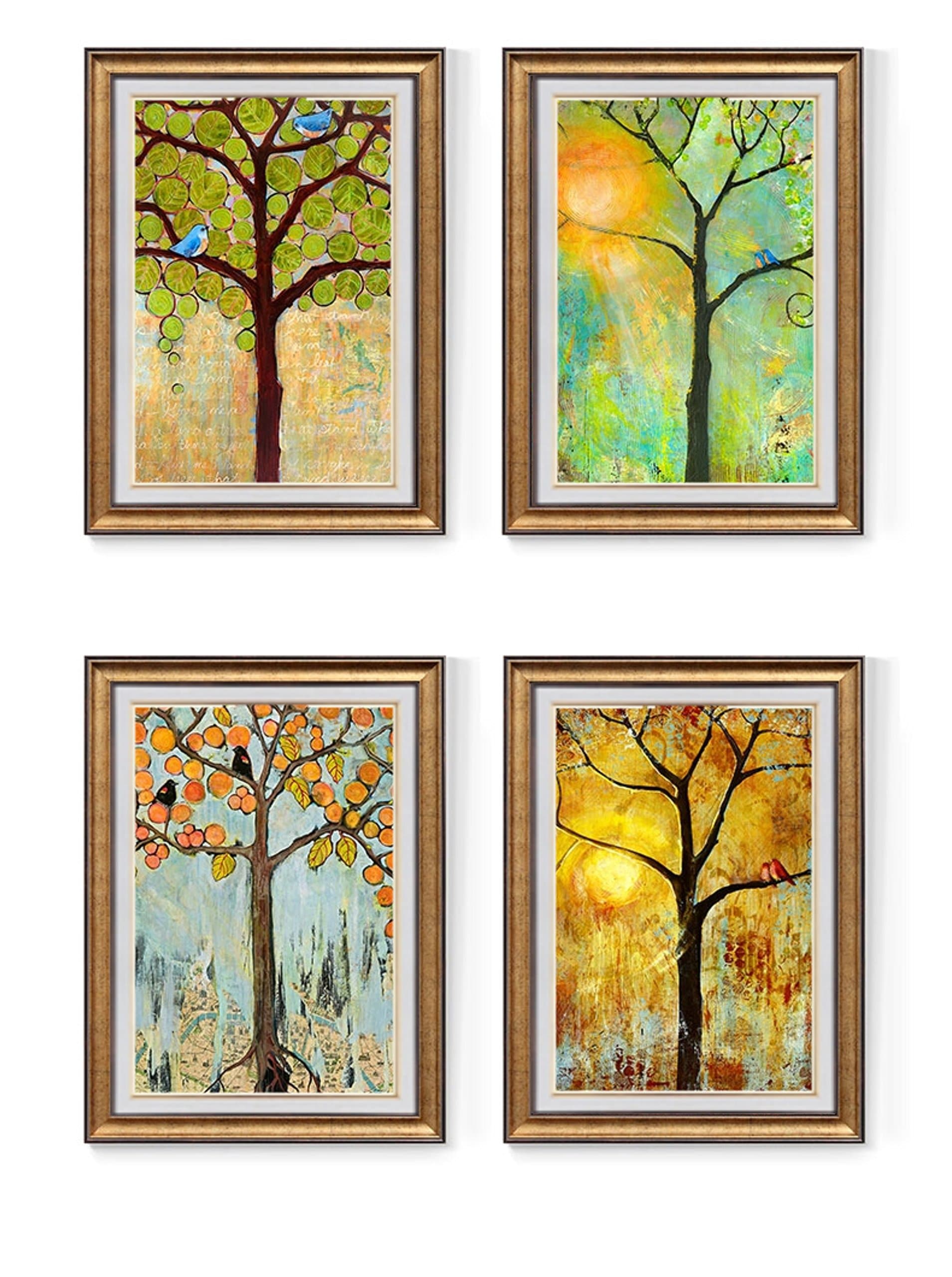 Trees (4pcs set) Wall Art, Large Wall Picture Frame, Vintage Style, Wall Mural, Framed Canvas, Large Poster (Gold B)