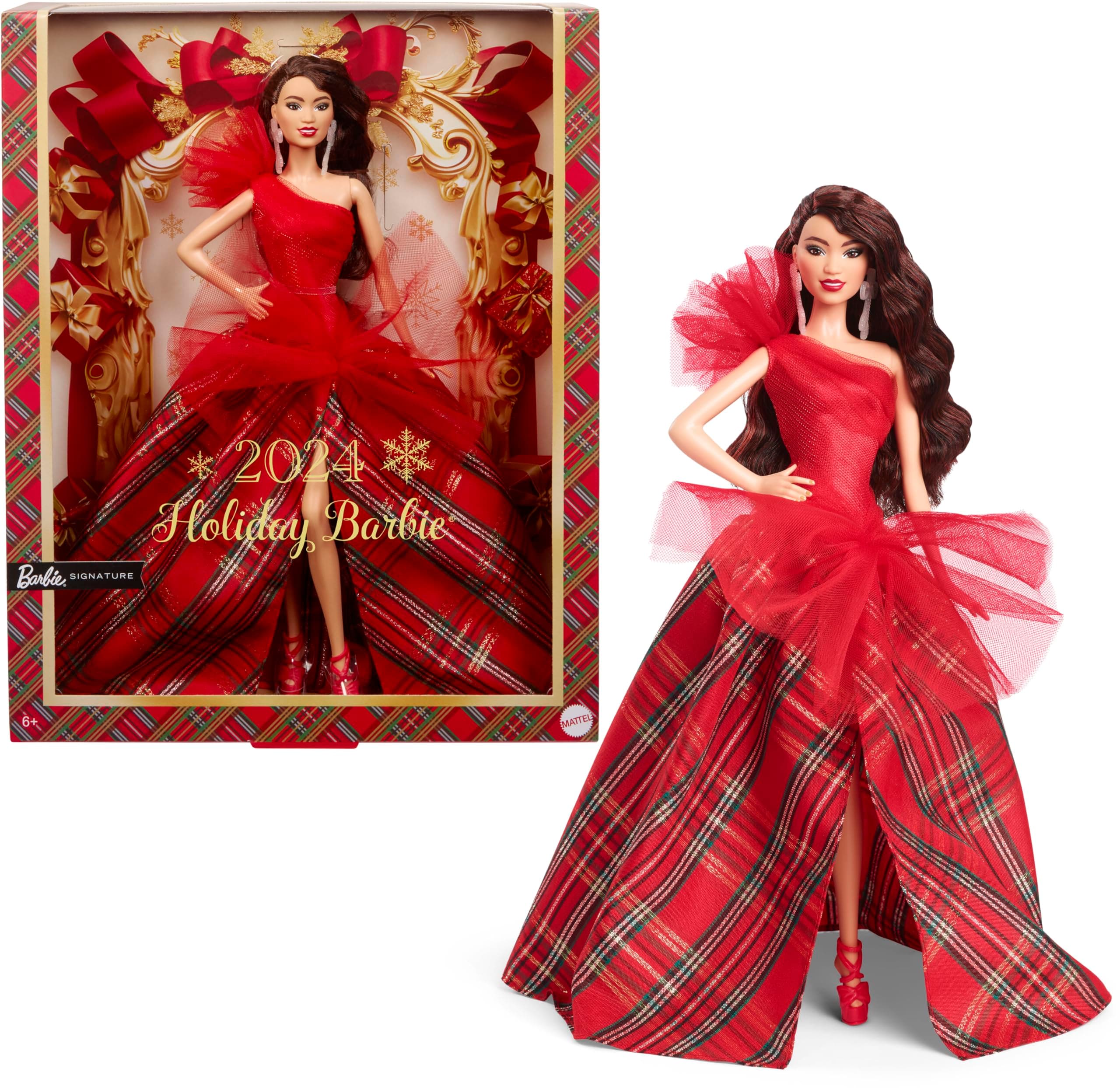 Signature 2024 Holiday Dolls, Seasonal Collector Gift, Plaid Gown with Red Bow, Displayable Packaging, Dark Brown Hair