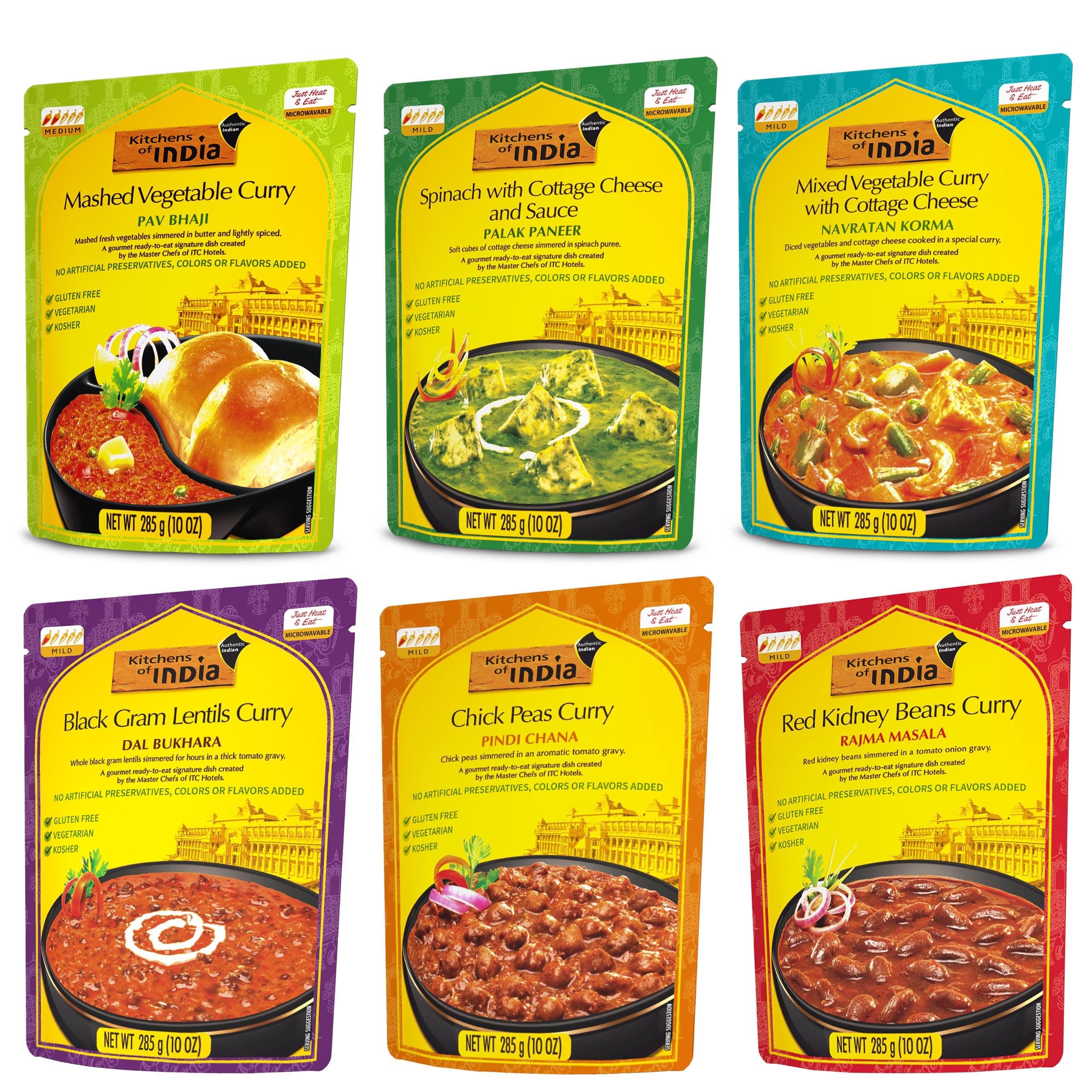 Kitchens of India Ready To Eat Dinner Variety Pack of 6 - 10 Ounces, Authentic Vegetarian Indian Food, Gluten-Free