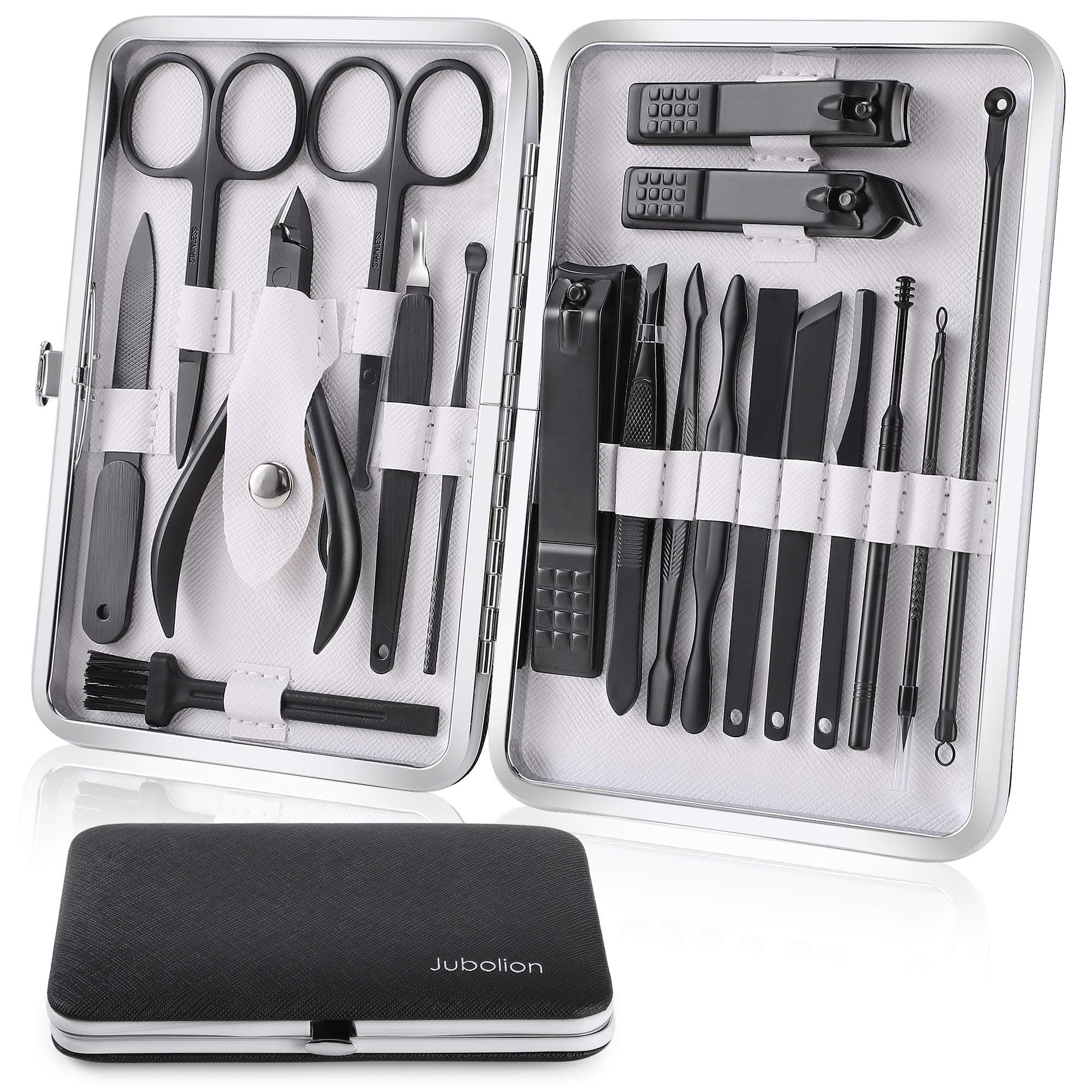 – Manicure Set, Jubolion 19pcs Stainless Steel Professional Nail Clippers Pedicure Set with Black Leather Storage Case, Portable Grooming Kit for Travel or Home, Perfect Gifts Women and Men (Black)