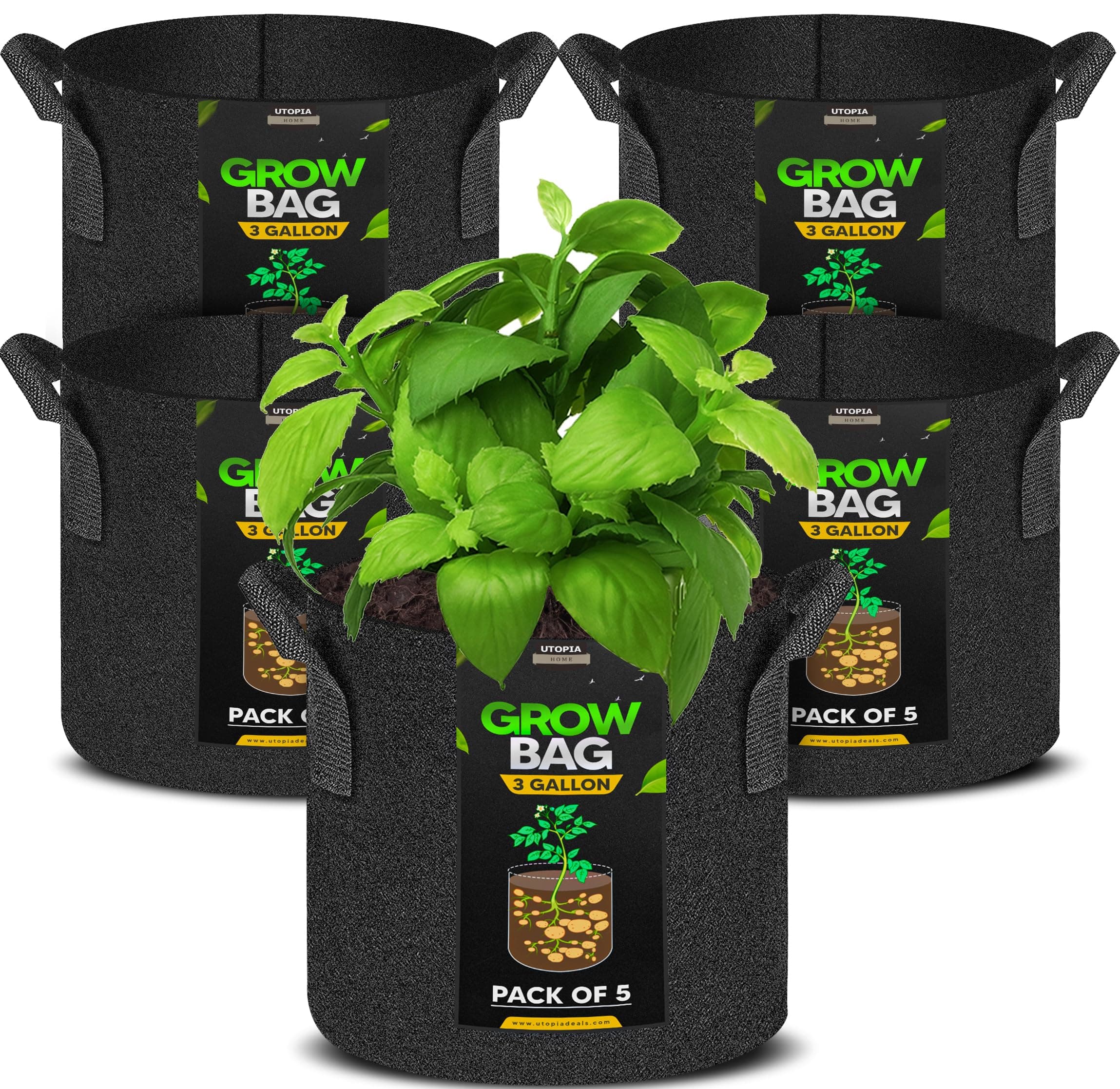 Utopia Home 5 Pack 3 Gallon Fabric Grow Bags, Heavy Duty Thickened Fabric Planters Pots, Aeration Pots with Handles, Nonwoven Bags Suitable for Vegetables Flowers Mushroom (3 Gallon)