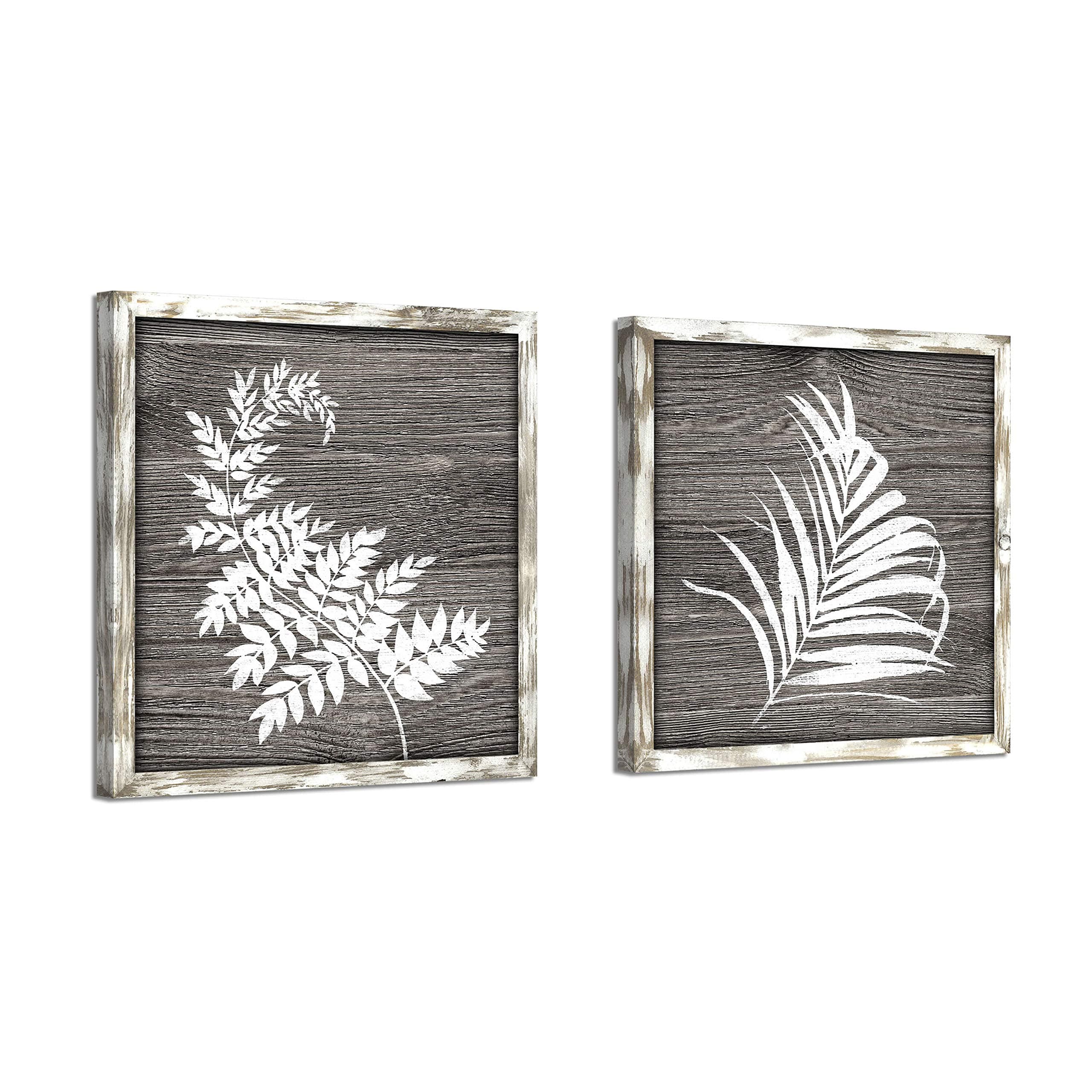 Rustic Leaf Prints Wood Artwork: Botanical Painting Herbs Wooden Painting Framed Wall Art for Bedroom (12"W x 12"H x 2 PCS, Multi-Sized)